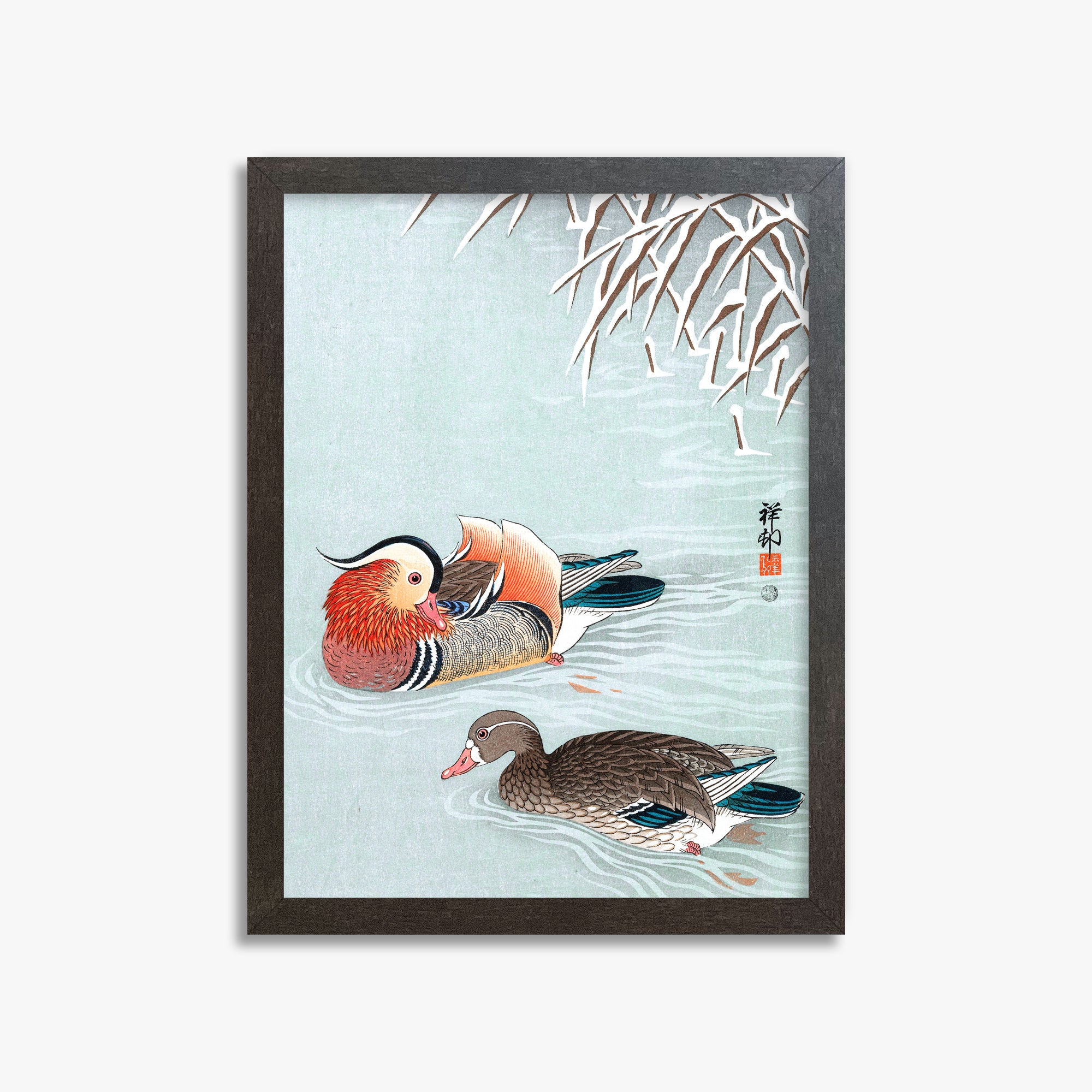 Ohara Koson: Mandarin Ducks, 30x40cm Framed Art Reproduction With Espresso Frame