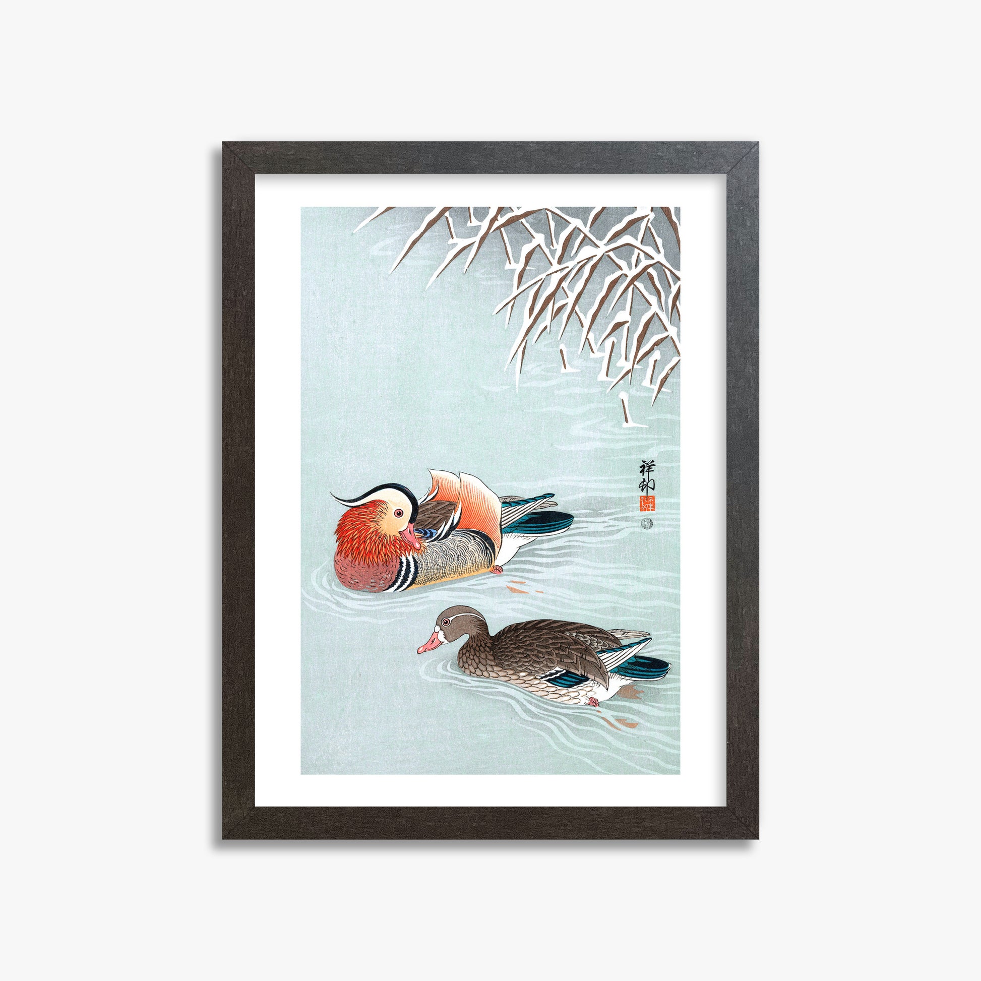 Ohara Koson: Mandarin Ducks, 30x40cm Framed Art Reproduction With Espresso Frame