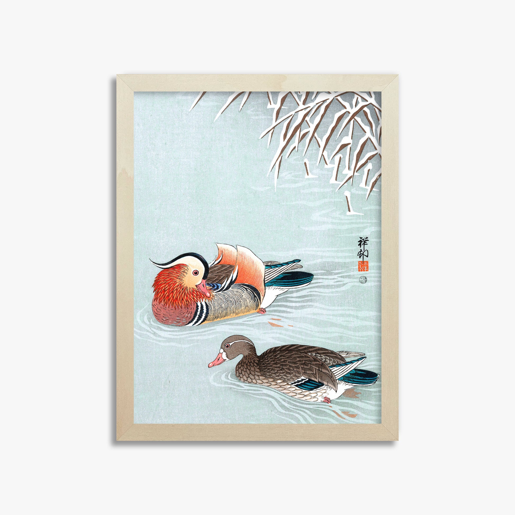Ohara Koson: Mandarin Ducks, 30x40cm Framed Art Reproduction With Lime Wood Frame
