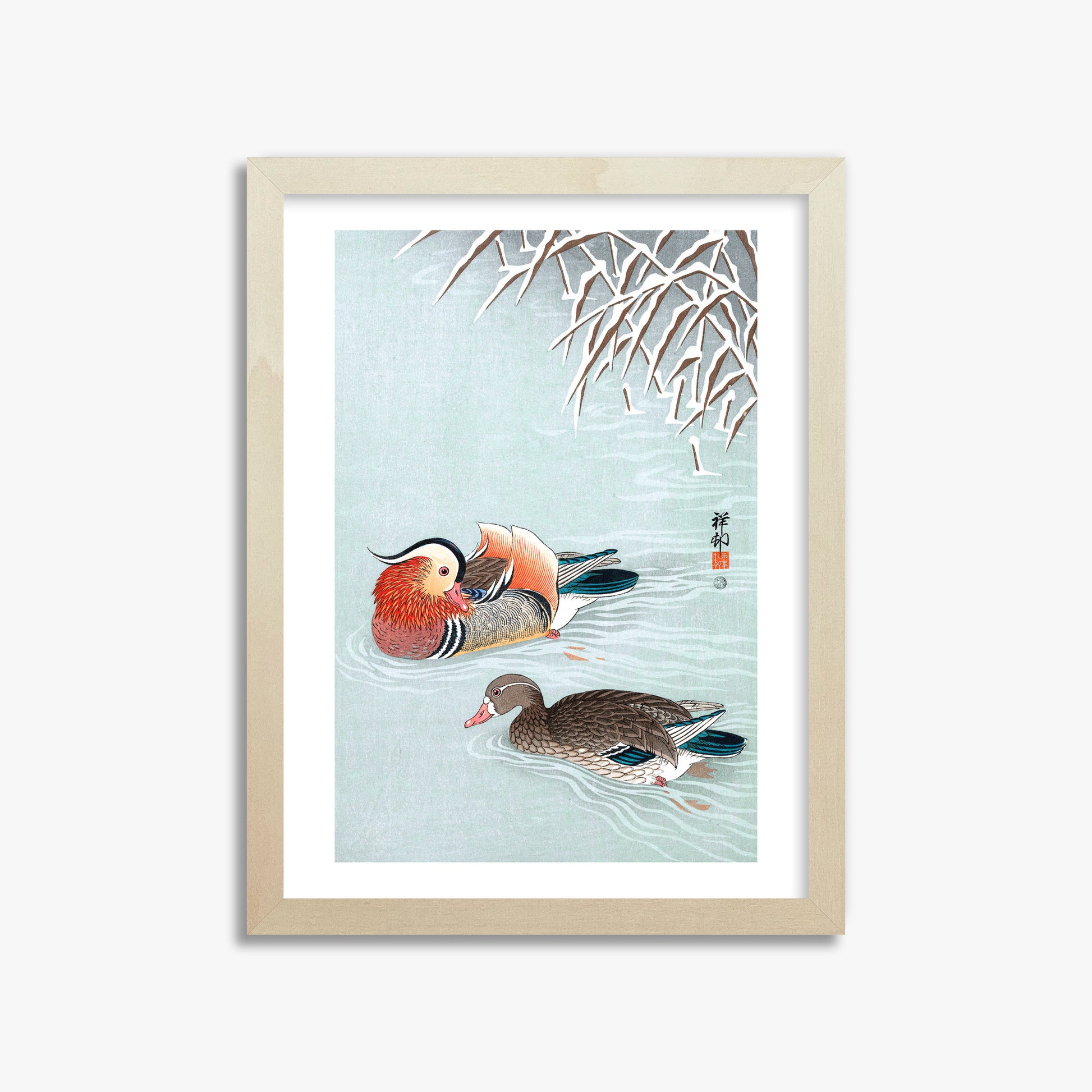Ohara Koson: Mandarin Ducks, 30x40cm Framed Art Reproduction With Lime Wood Frame