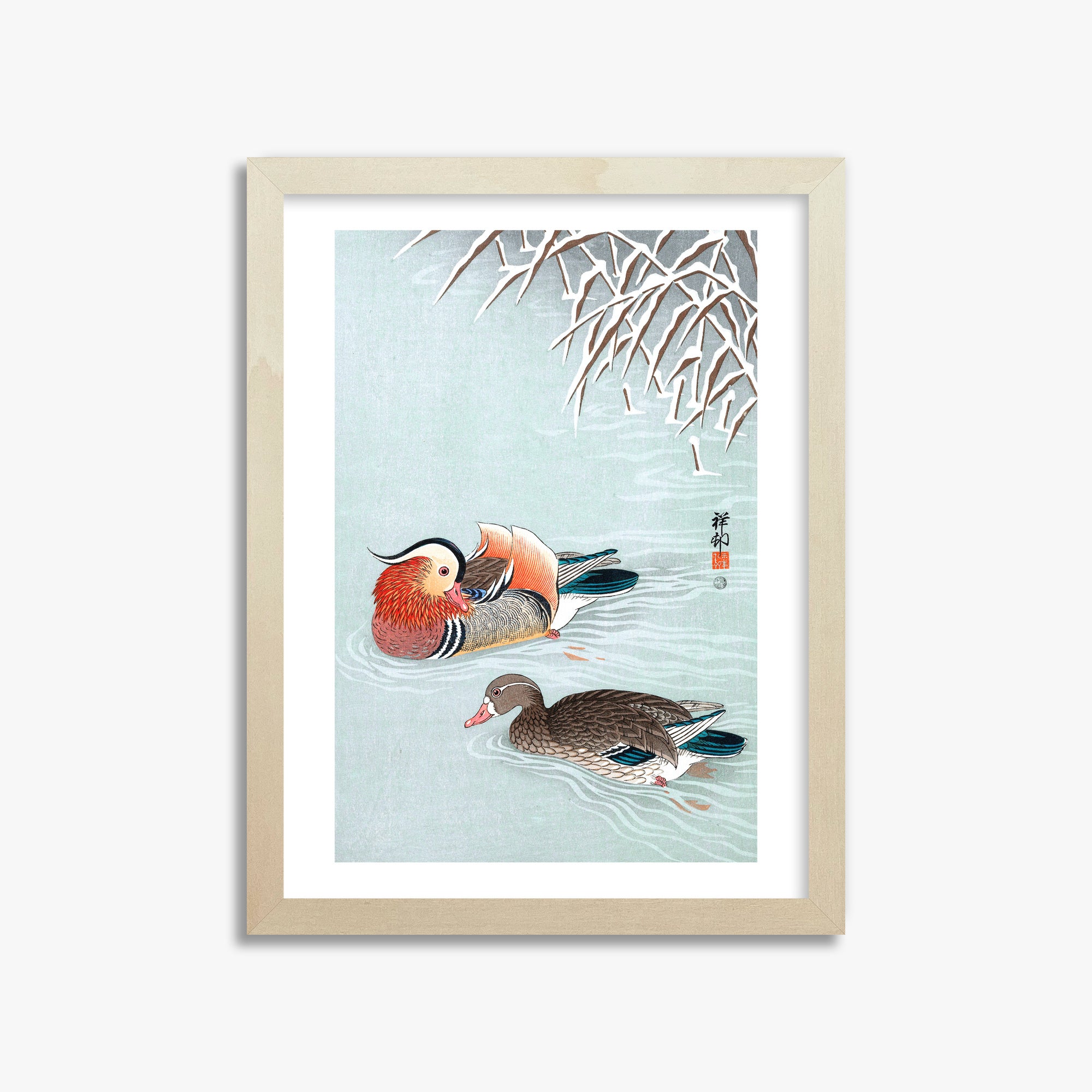 Ohara Koson: Mandarin Ducks, 30x40cm Framed Art Reproduction With Lime Wood Frame