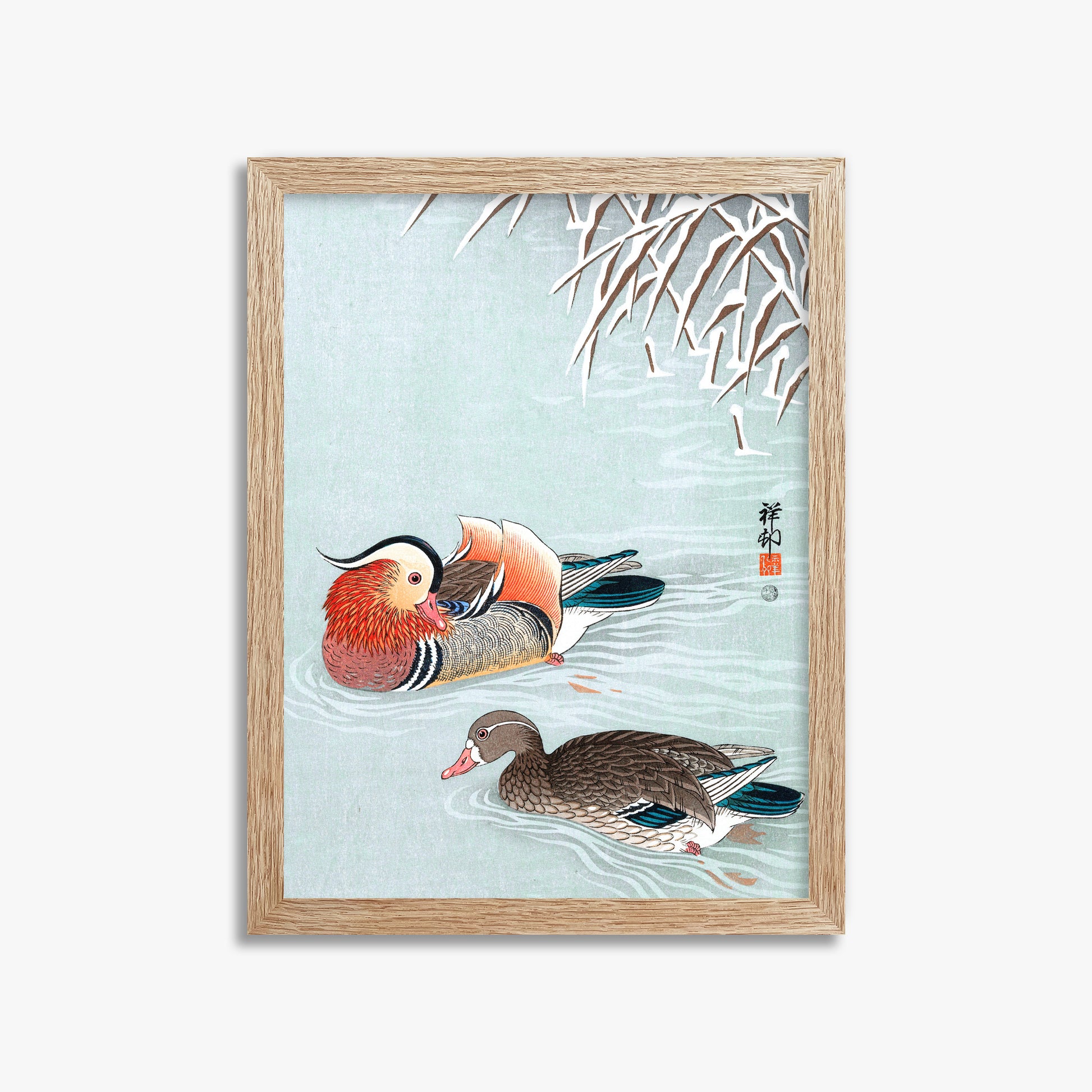 Ohara Koson: Mandarin Ducks, 30x40cm Framed Art Reproduction With Raw Oak Frame
