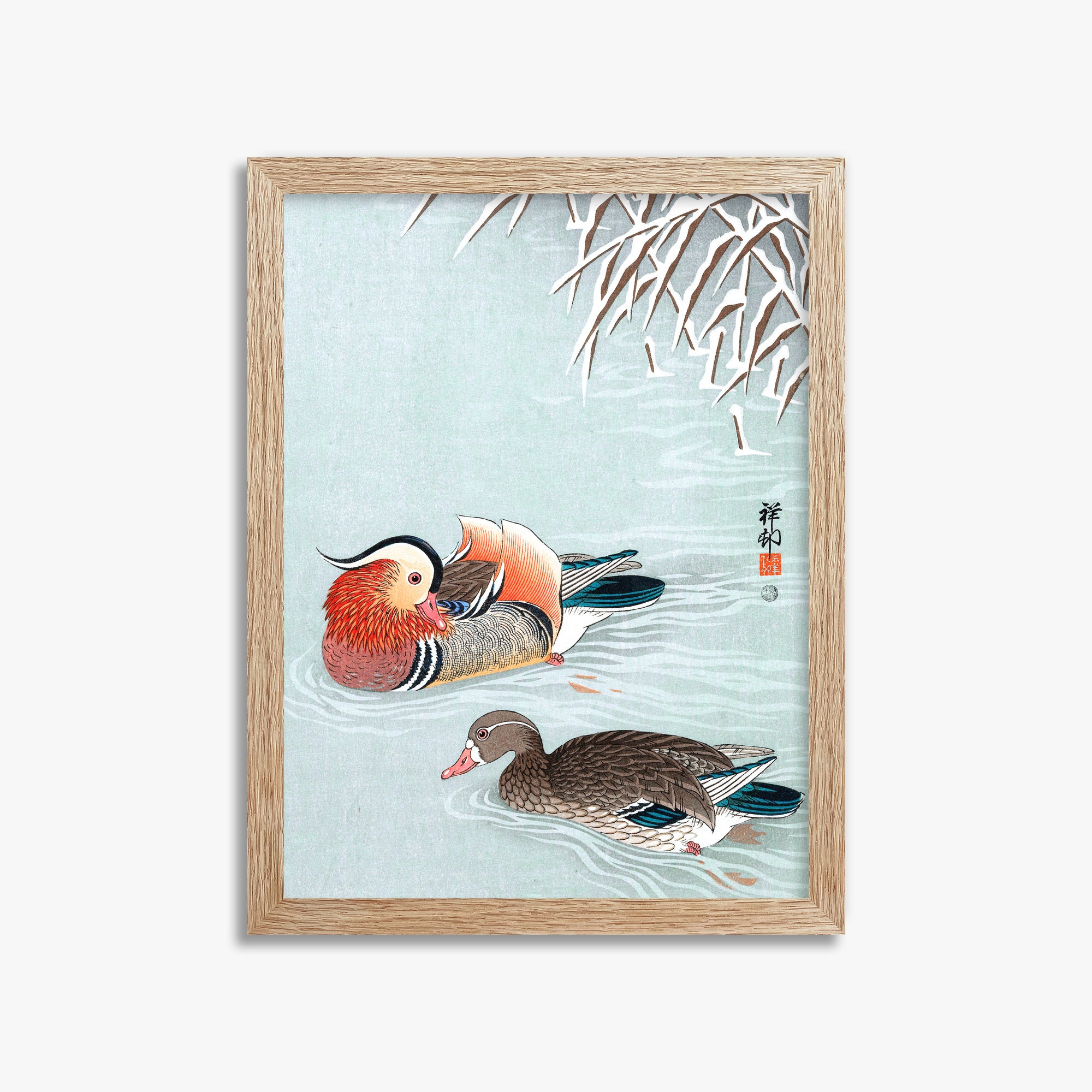 Ohara Koson: Mandarin Ducks, 30x40cm Framed Art Reproduction With Raw Oak Frame