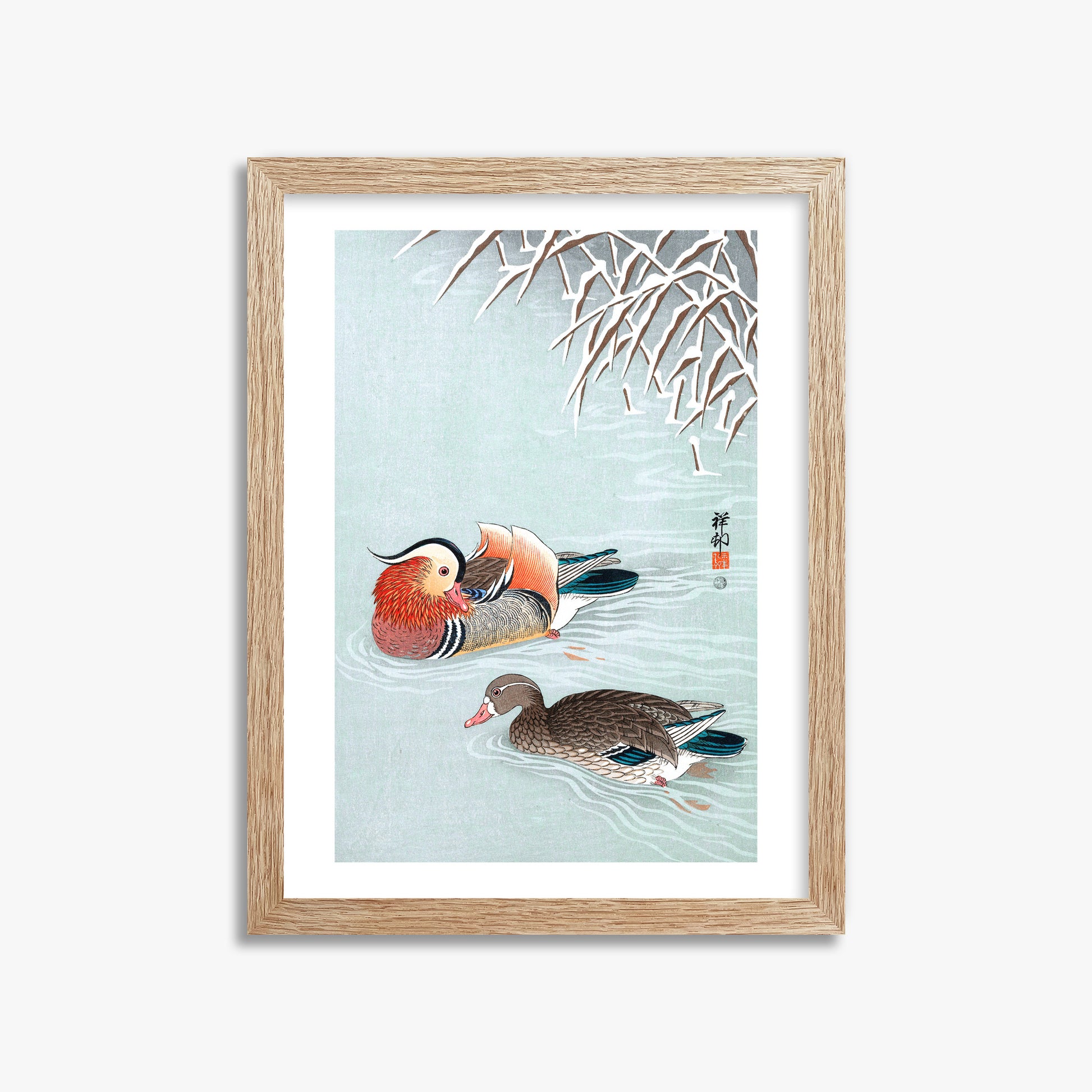 Ohara Koson: Mandarin Ducks, 30x40cm Framed Art Reproduction With Raw Oak Frame