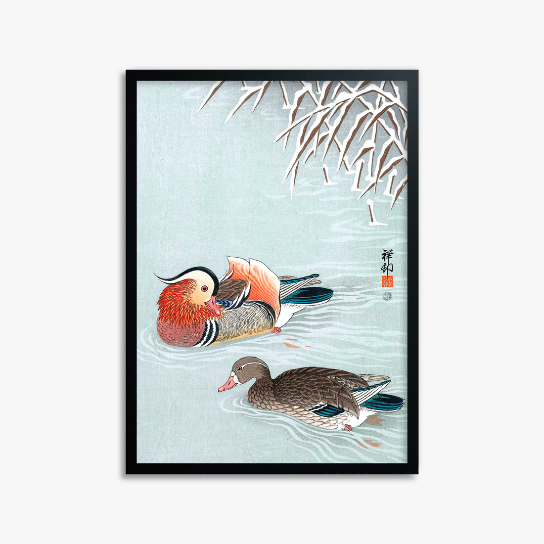 Ohara Koson: Mandarin Ducks, 50x70cm Framed Art Reproduction With Black Frame