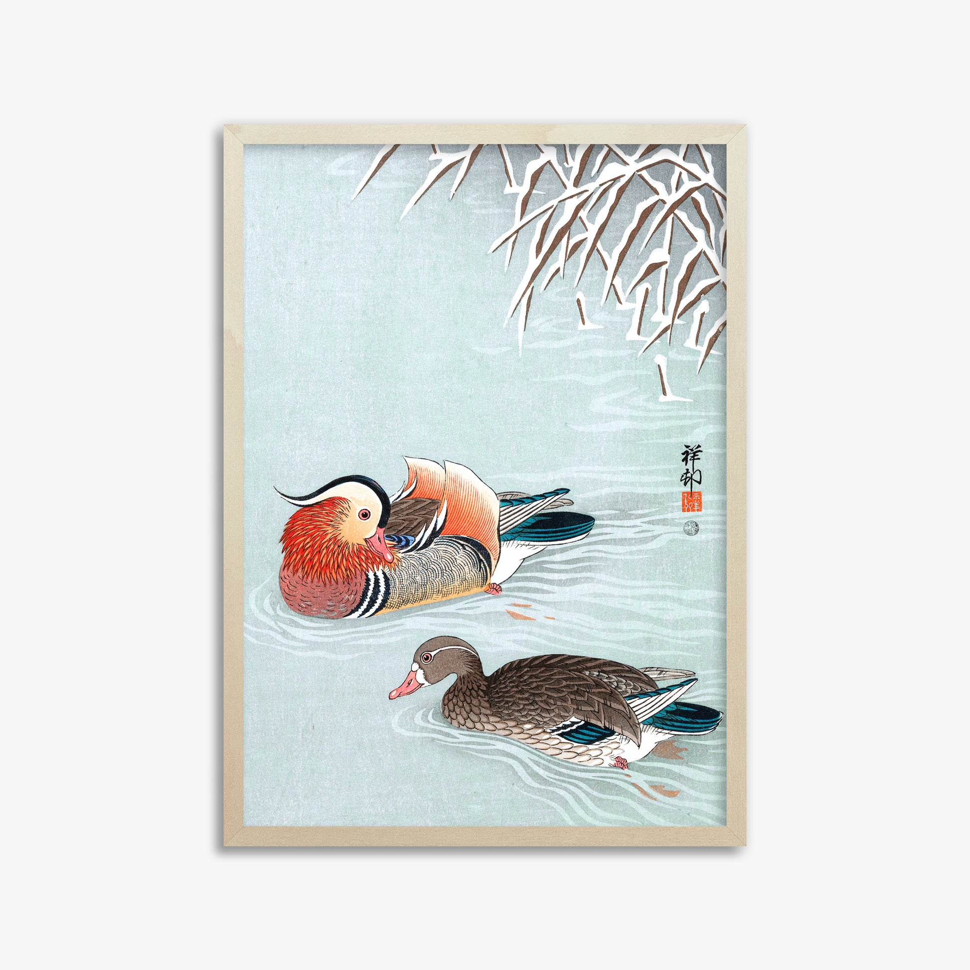 Ohara Koson: Mandarin Ducks, 50x70cm Framed Art Reproduction With Lime Wood Frame