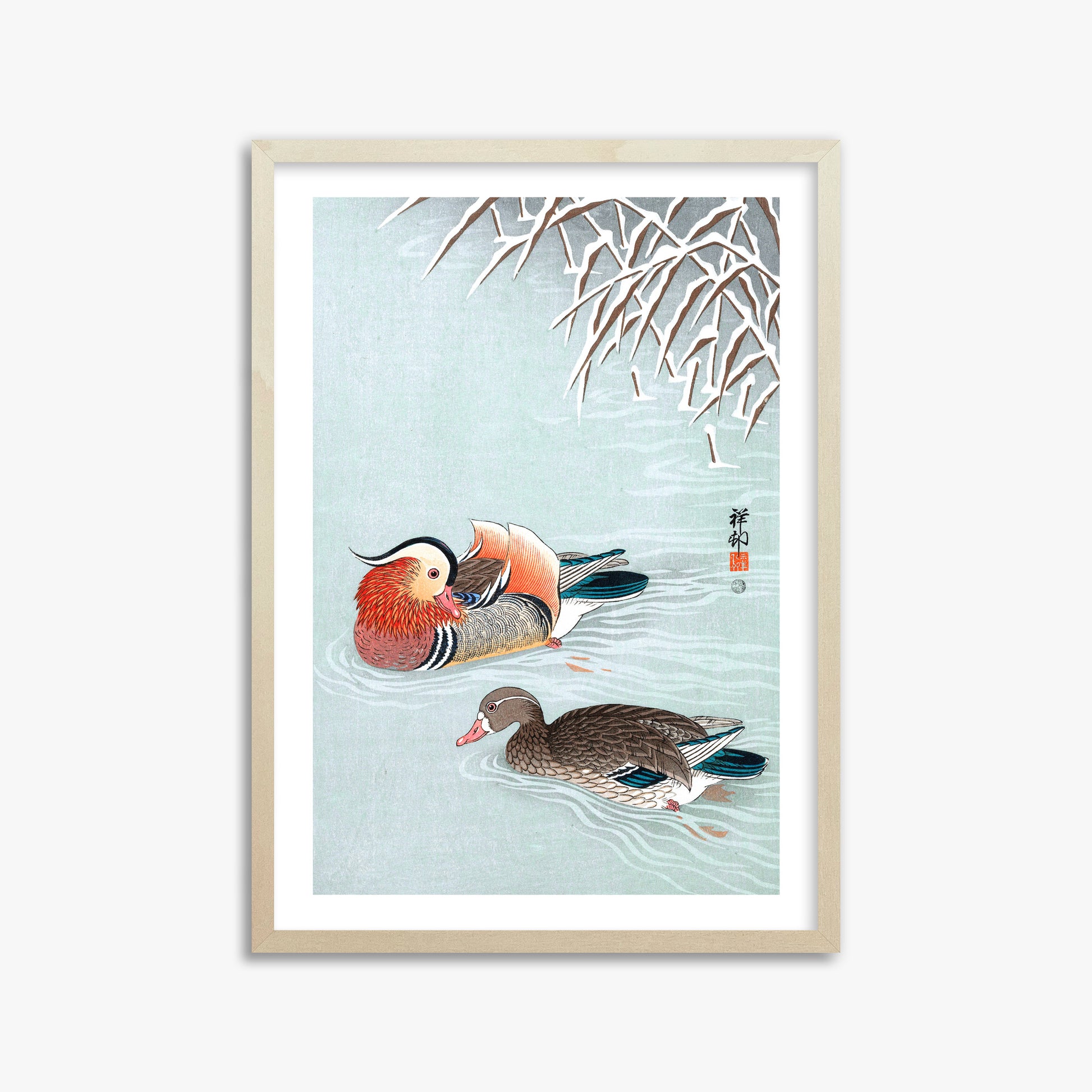 Ohara Koson: Mandarin Ducks, 50x70cm Framed Art Reproduction With Lime Wood Frame