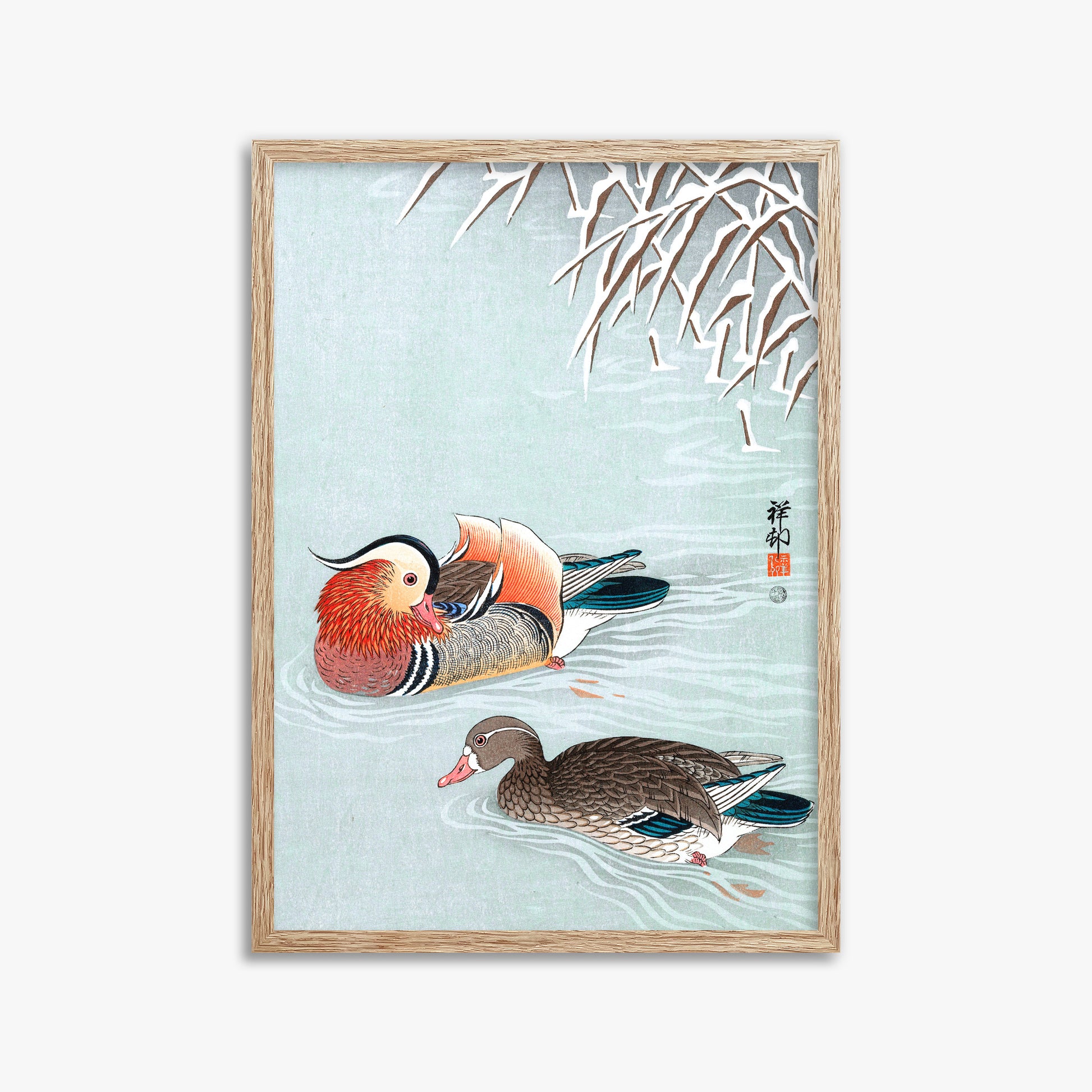 Ohara Koson: Mandarin Ducks, 50x70cm Framed Art Reproduction With Raw Oak Frame