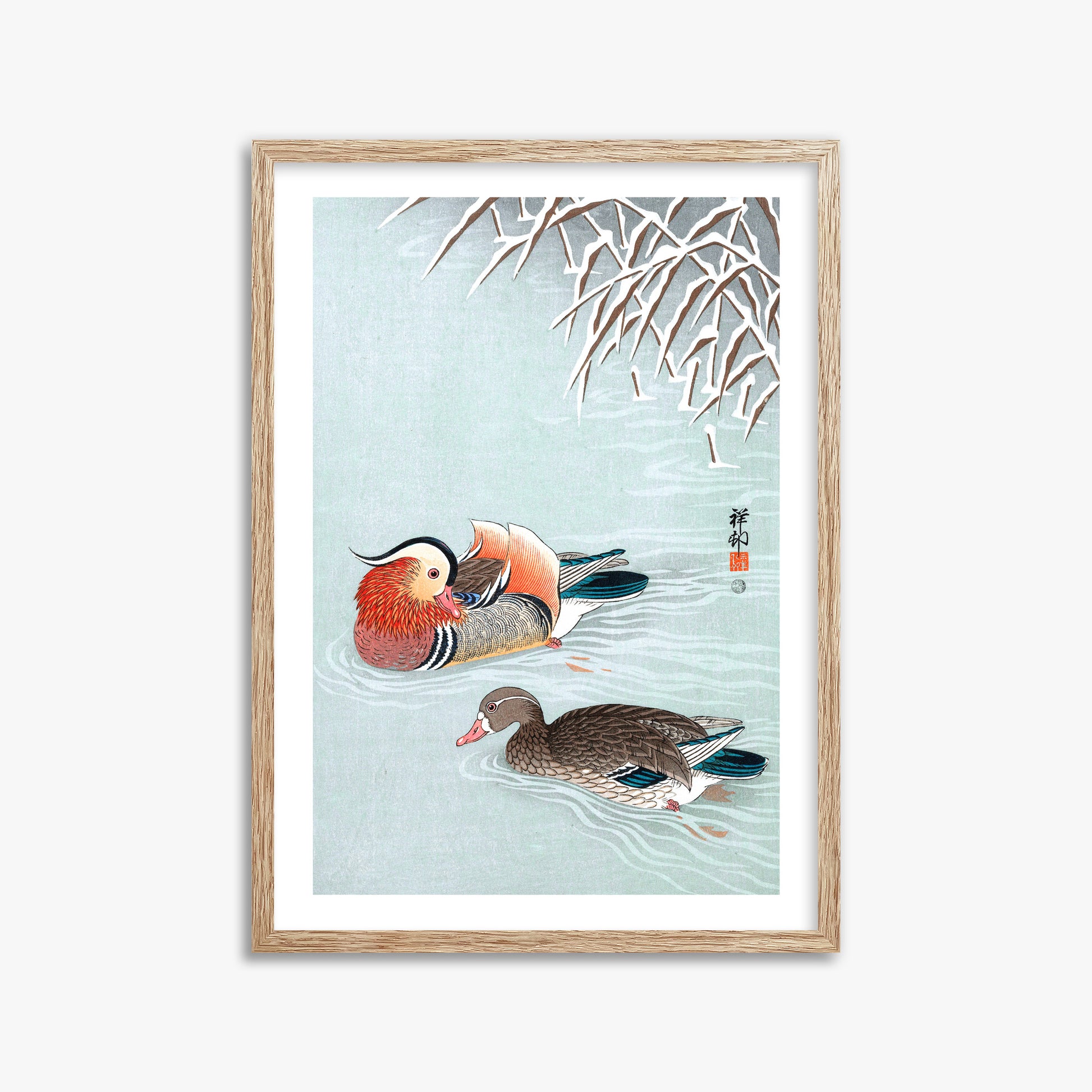 Ohara Koson: Mandarin Ducks, 50x70cm Framed Art Reproduction With Raw Oak Frame