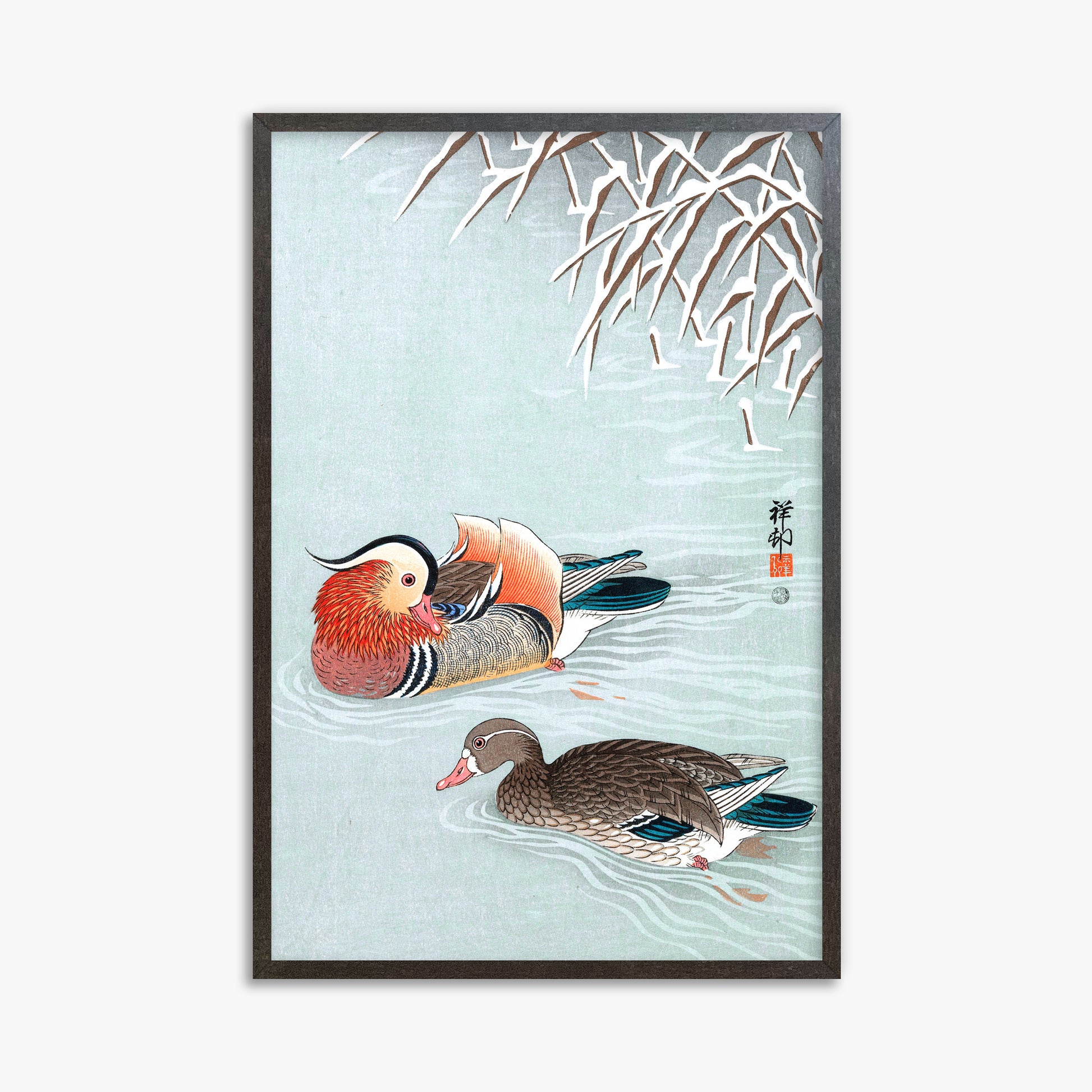 Ohara Koson: Mandarin Ducks, 61x91cm Framed Art Reproduction With Espresso Frame