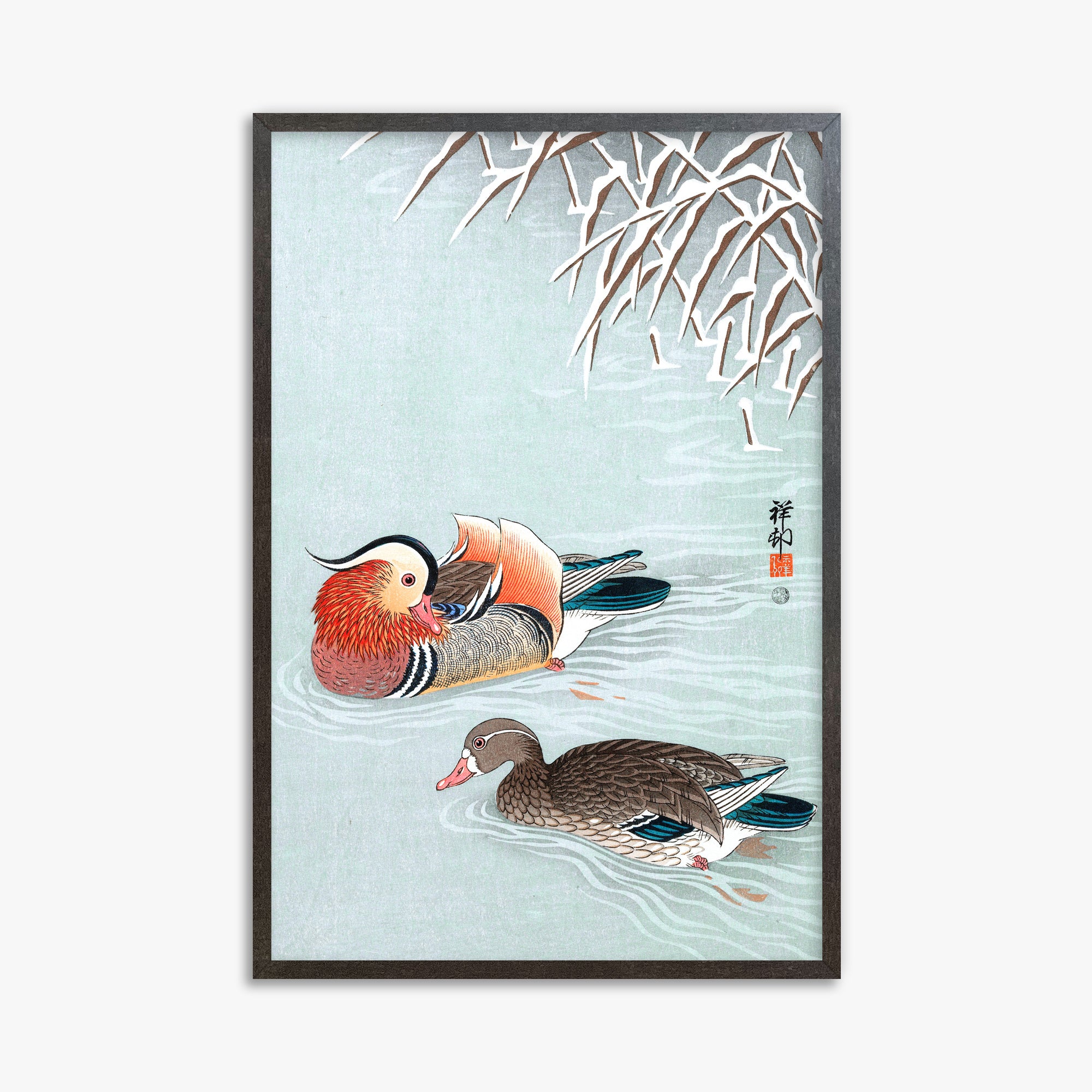 Ohara Koson: Mandarin Ducks, 61x91cm Framed Art Reproduction With Espresso Frame