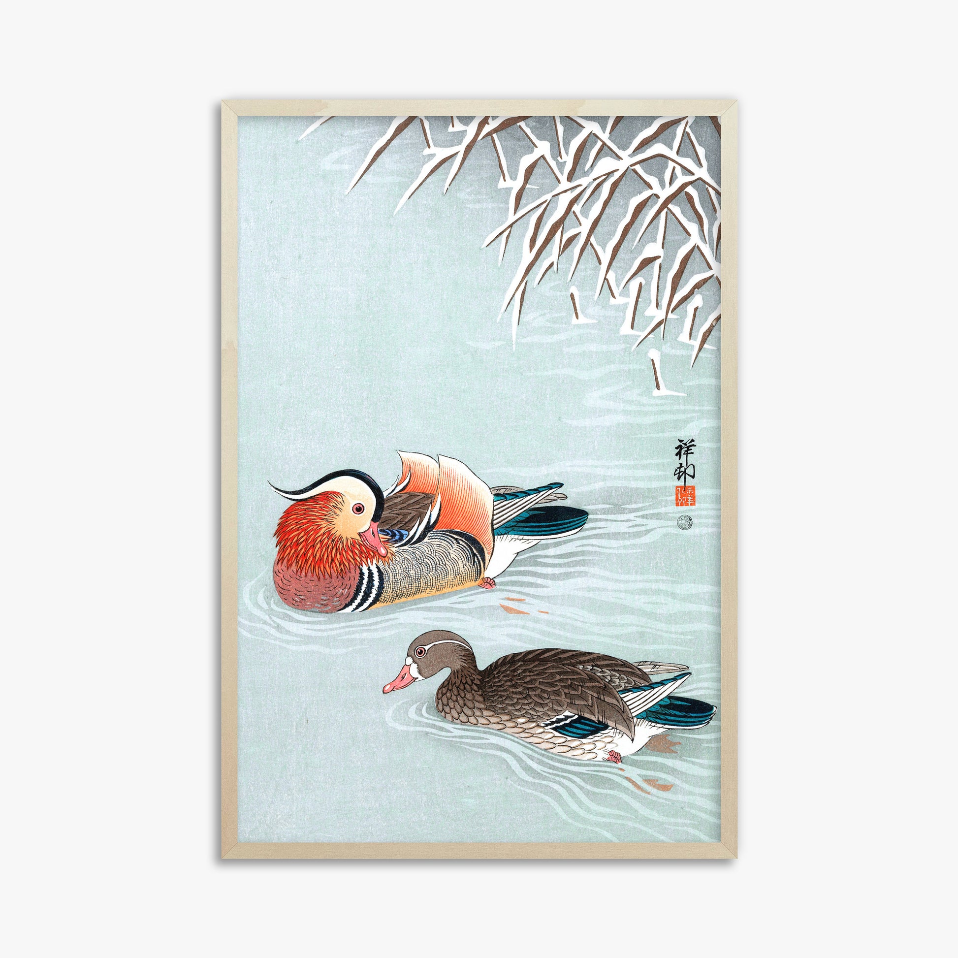 Ohara Koson: Mandarin Ducks, 61x91cm Framed Art Reproduction With Lime Wood Frame