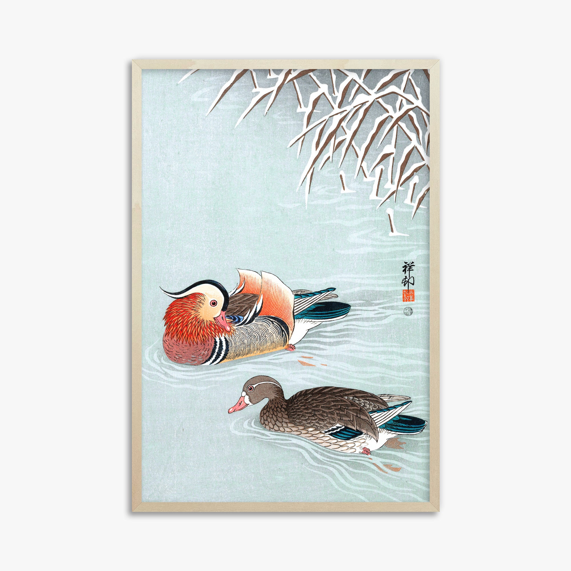 Ohara Koson: Mandarin Ducks, 61x91cm Framed Art Reproduction With Lime Wood Frame
