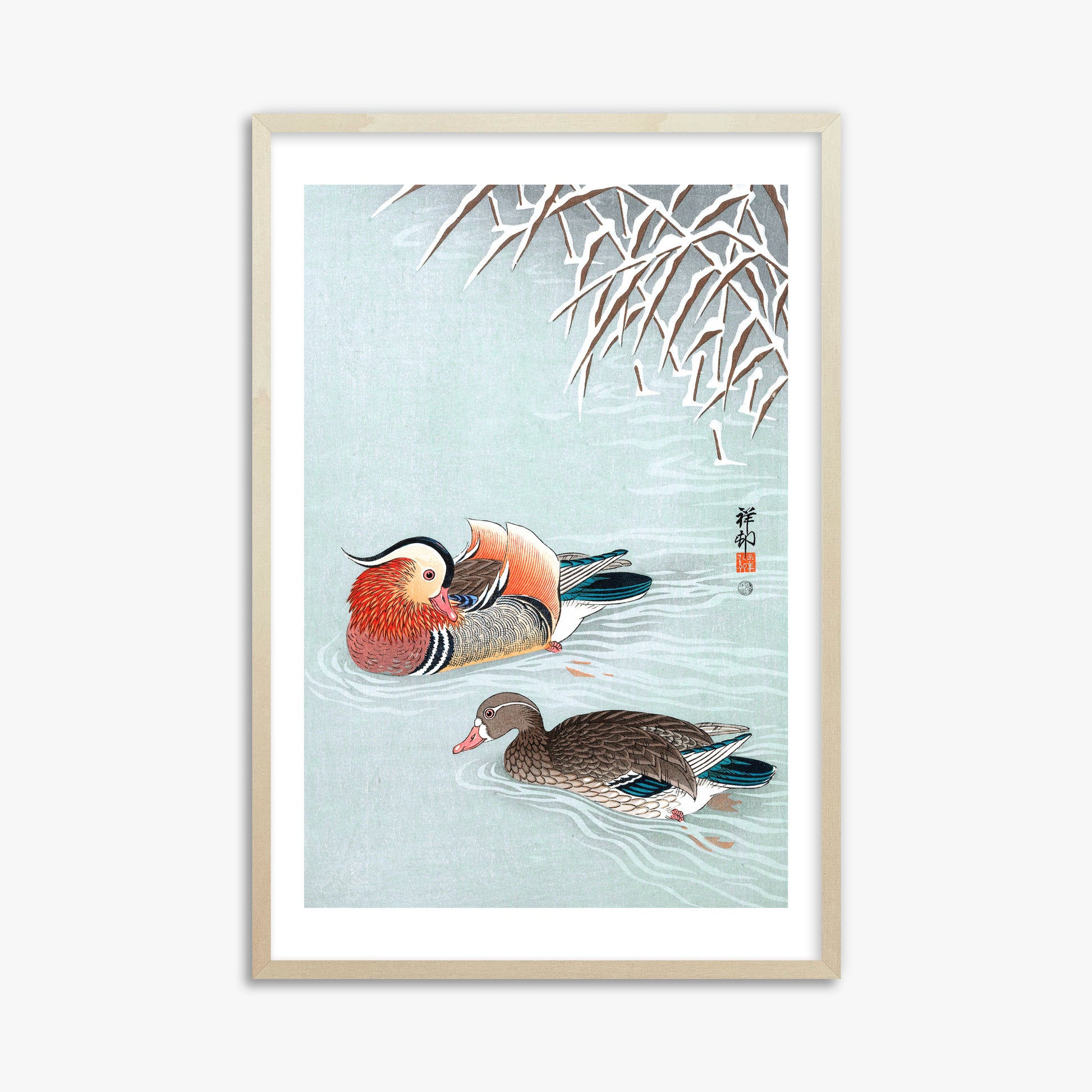 Ohara Koson: Mandarin Ducks, 61x91cm Framed Art Reproduction With Lime Wood Frame