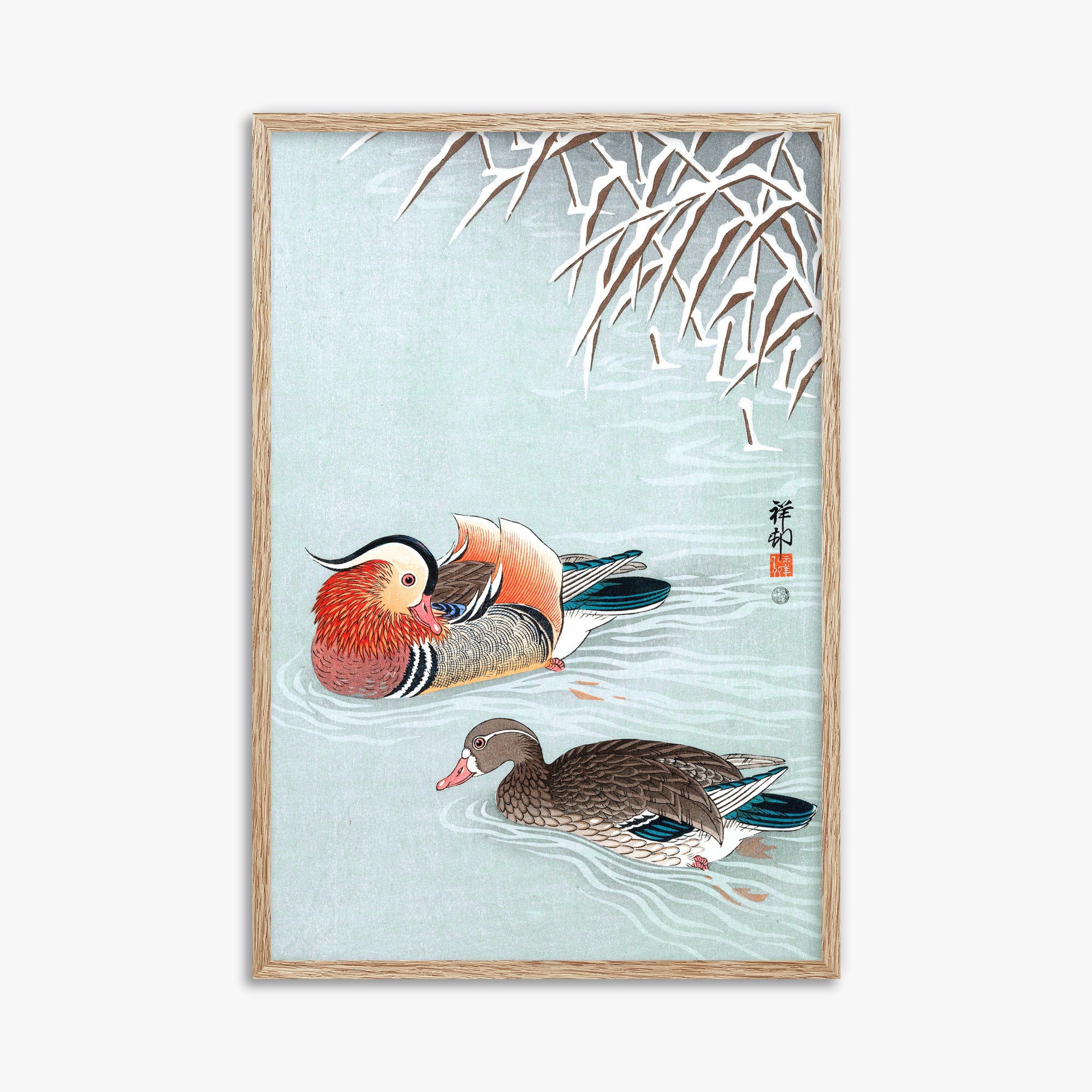 Ohara Koson: Mandarin Ducks, 61x91cm Framed Art Reproduction With Raw Oak Frame