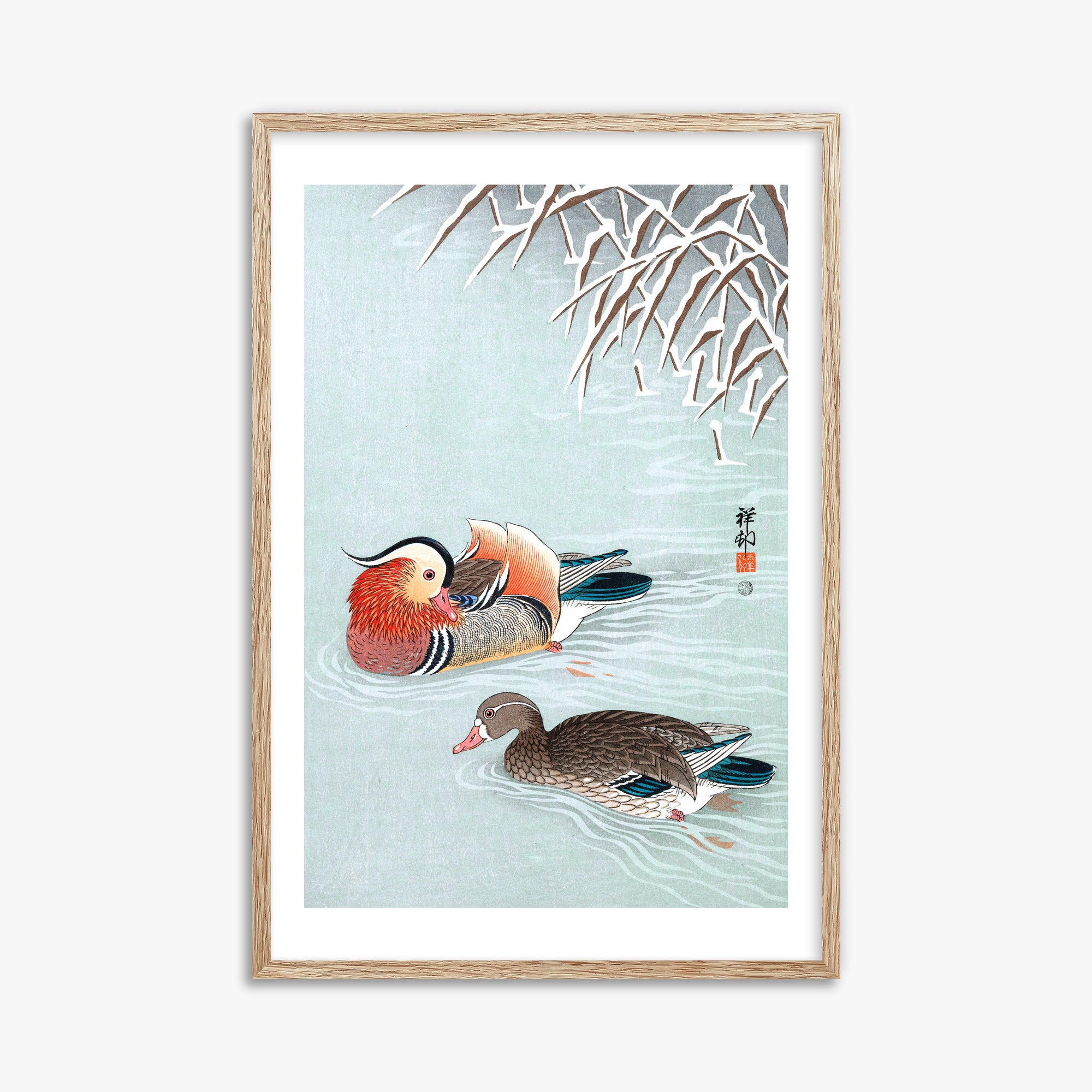 Ohara Koson: Mandarin Ducks, 61x91cm Framed Art Reproduction With Raw Oak Frame