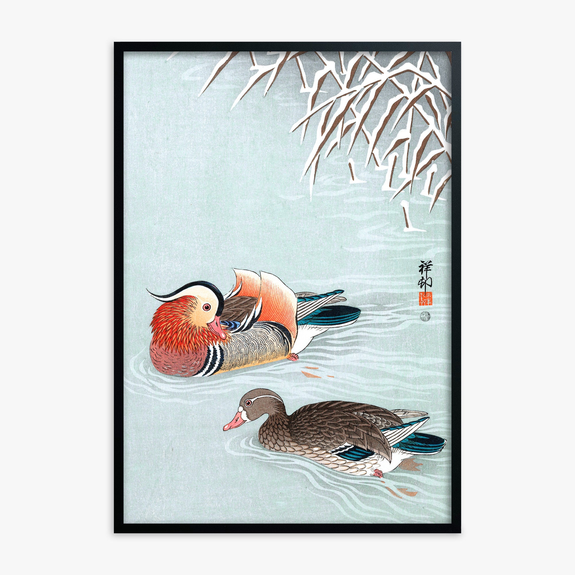 Ohara Koson: Mandarin Ducks, Black Framed Art Reproduction With Black Frame