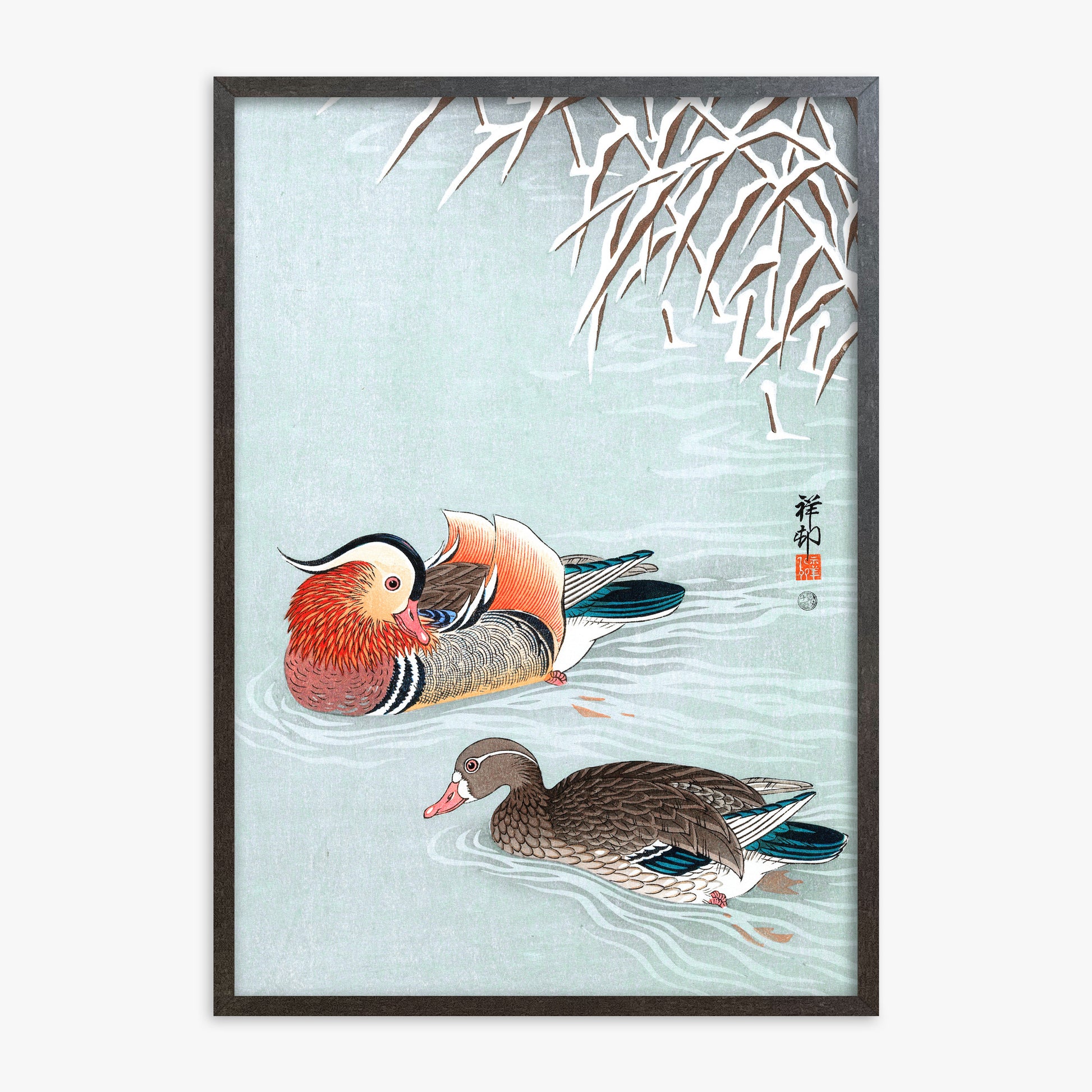 Ohara Koson: Mandarin Ducks, 70x100cm Framed Art Reproduction With Espresso Frame