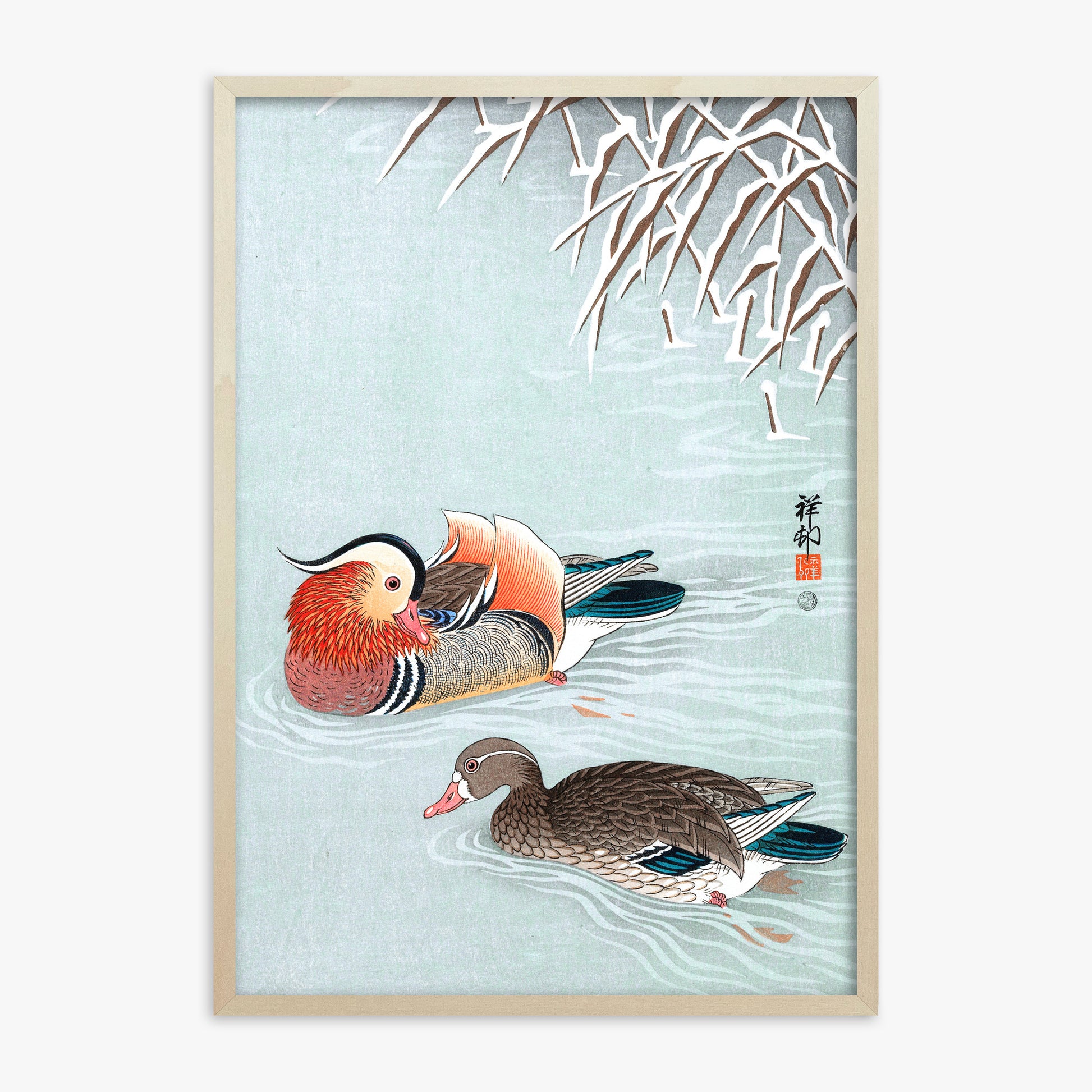Ohara Koson: Mandarin Ducks, 70x100cm Framed Art Reproduction With Lime Wood Frame