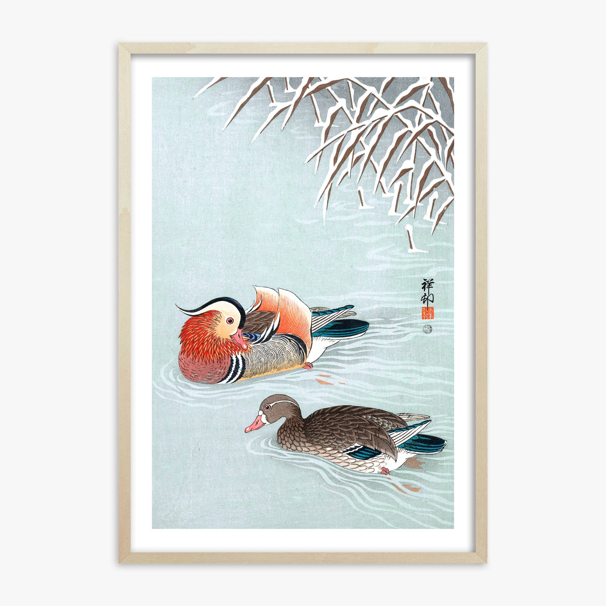 Ohara Koson: Mandarin Ducks, 70x100cm Framed Art Reproduction With Lime Wood Frame
