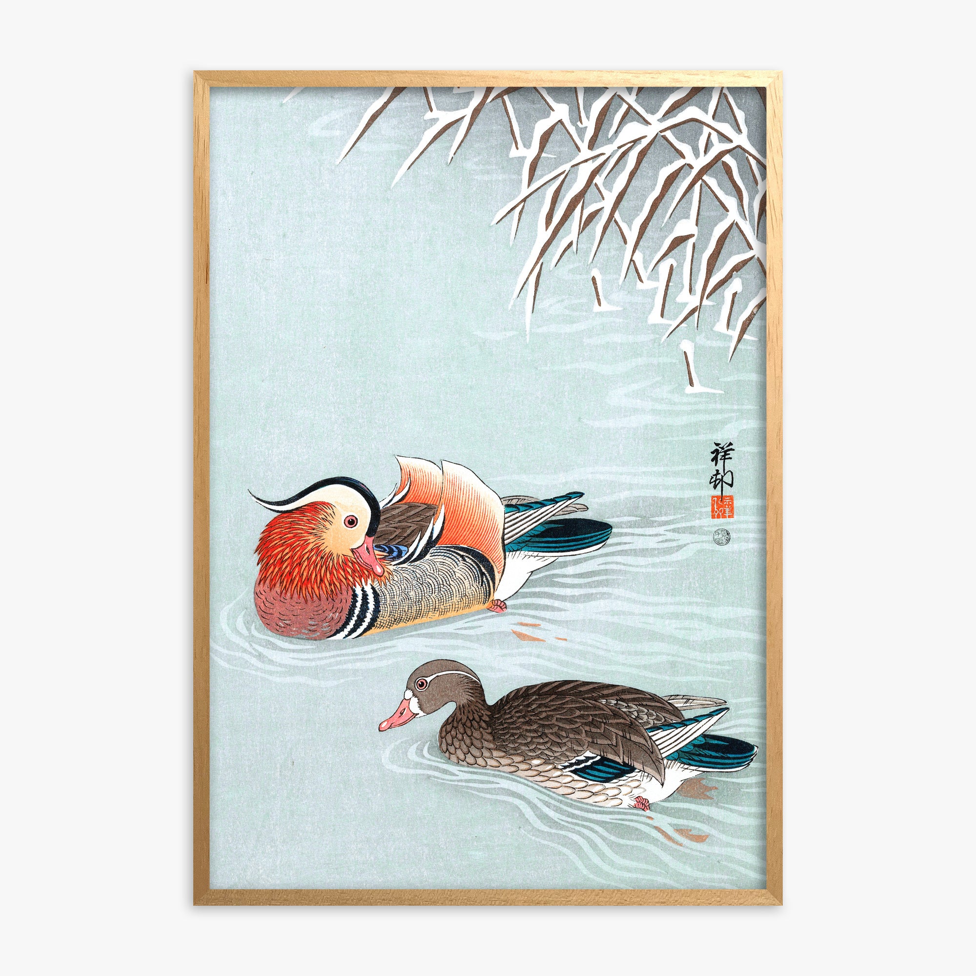 Ohara Koson: Mandarin Ducks, Oak Framed Art Reproduction With Oak Frame