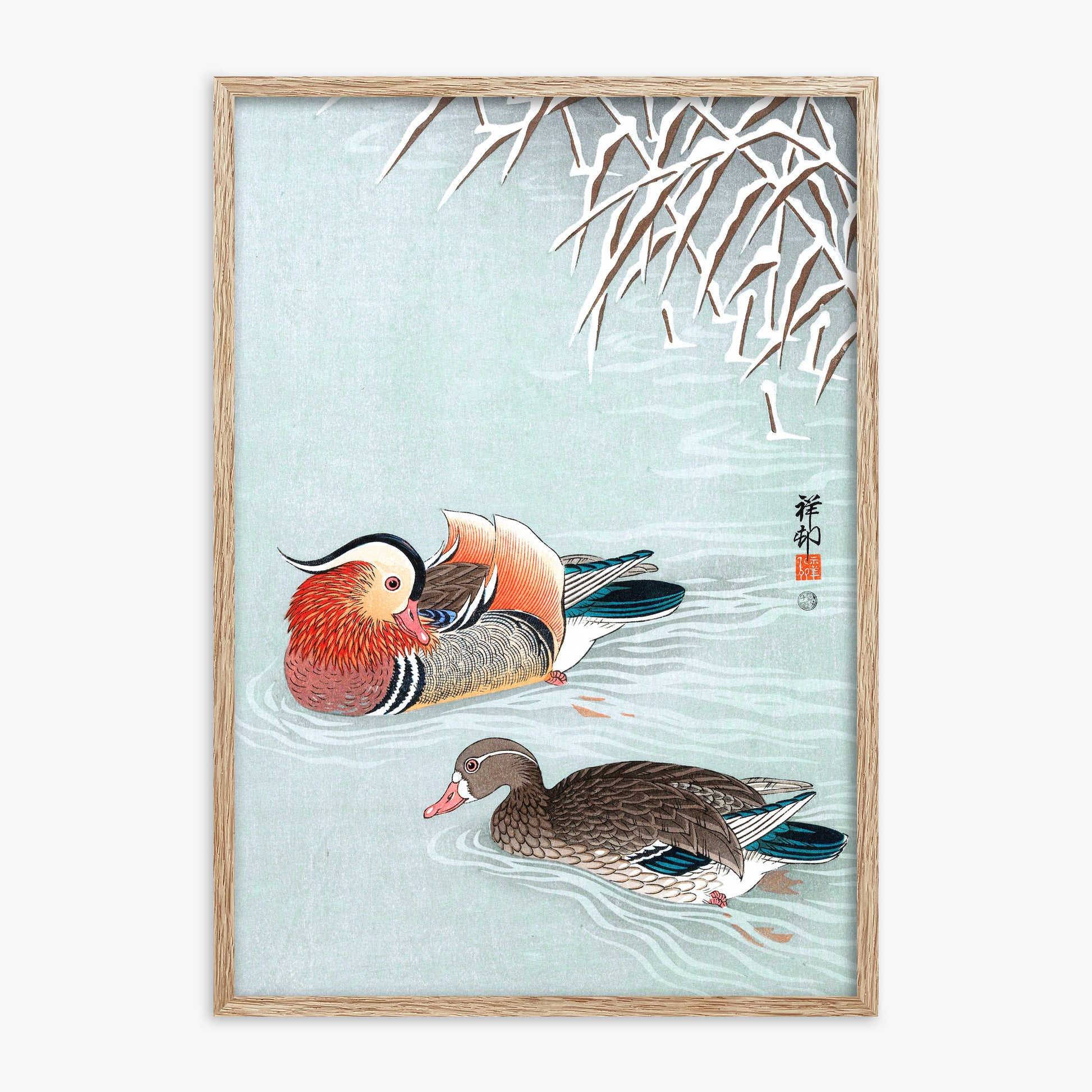 Ohara Koson: Mandarin Ducks, 70x100cm Framed Art Reproduction With Raw Oak Frame