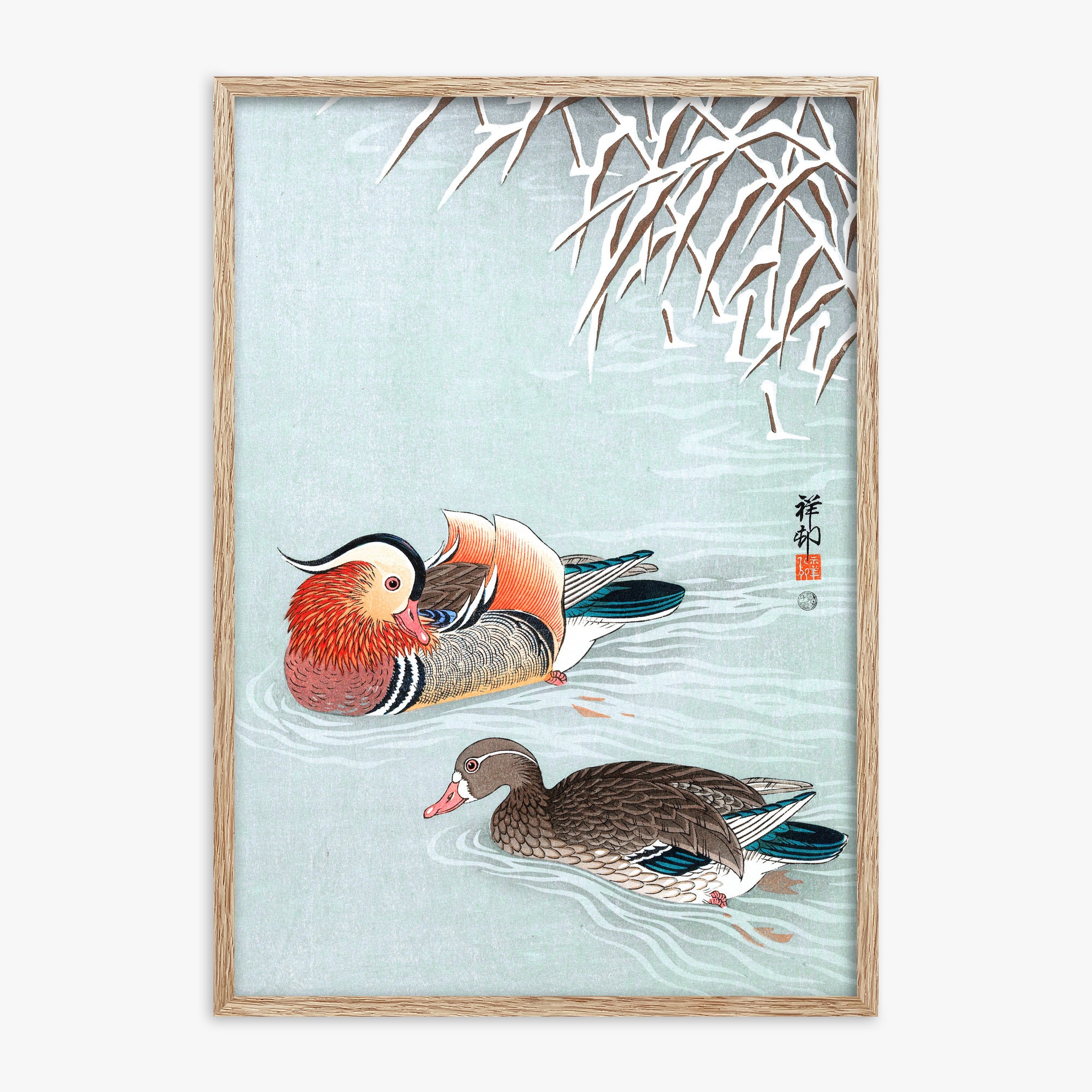 Ohara Koson: Mandarin Ducks, 70x100cm Framed Art Reproduction With Raw Oak Frame