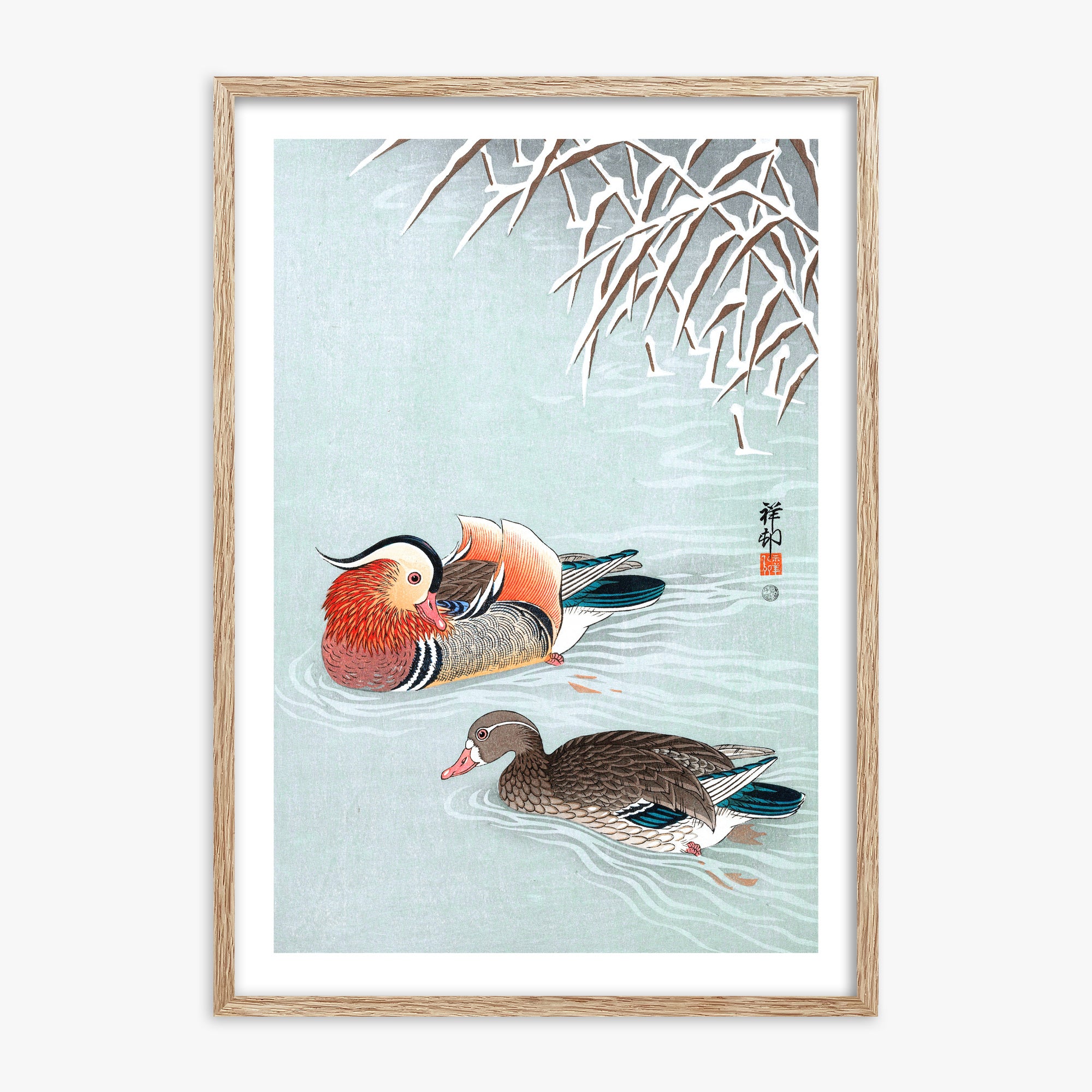 Ohara Koson: Mandarin Ducks, 70x100cm Framed Art Reproduction With Raw Oak Frame
