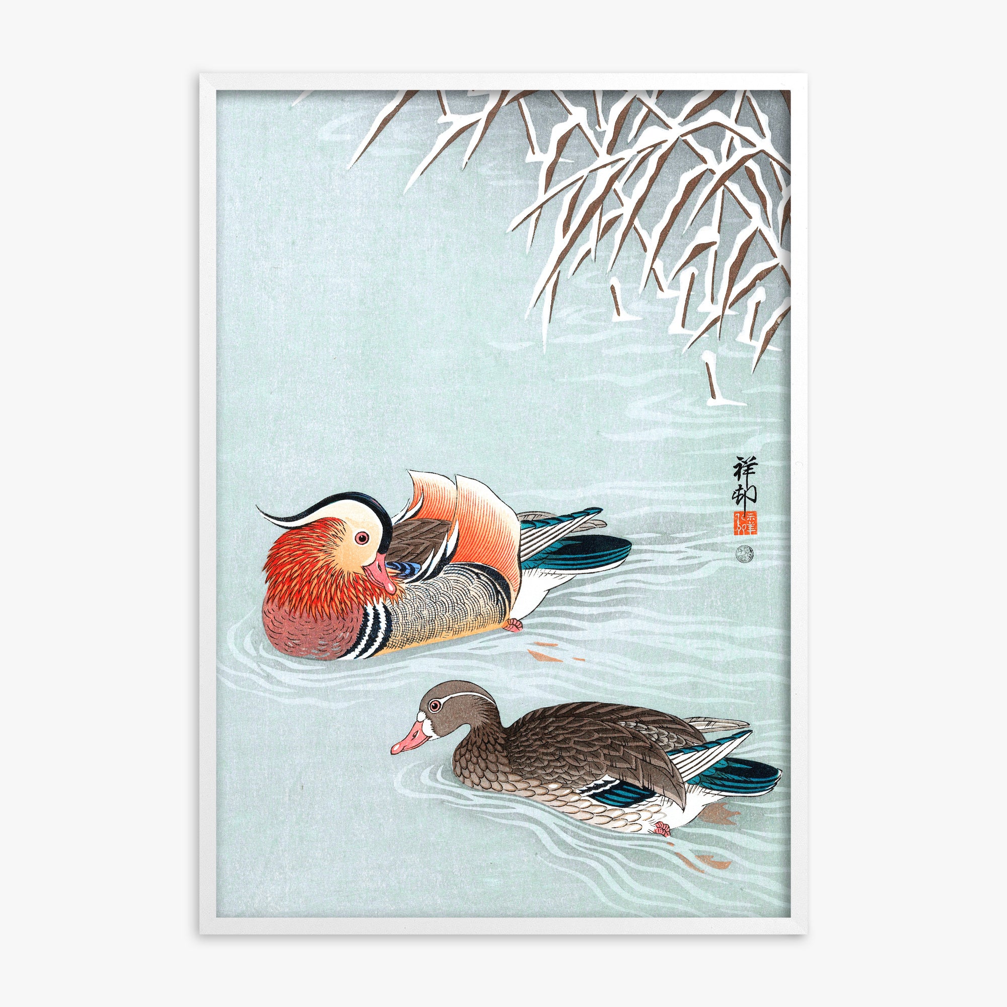 Ohara Koson: Mandarin Ducks, White Framed Art Reproduction With White Frame