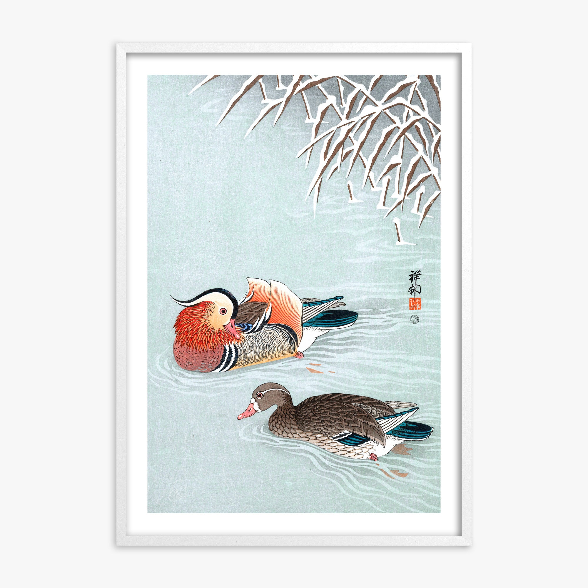 Ohara Koson: Mandarin Ducks, White Framed Art Reproduction With White Frame