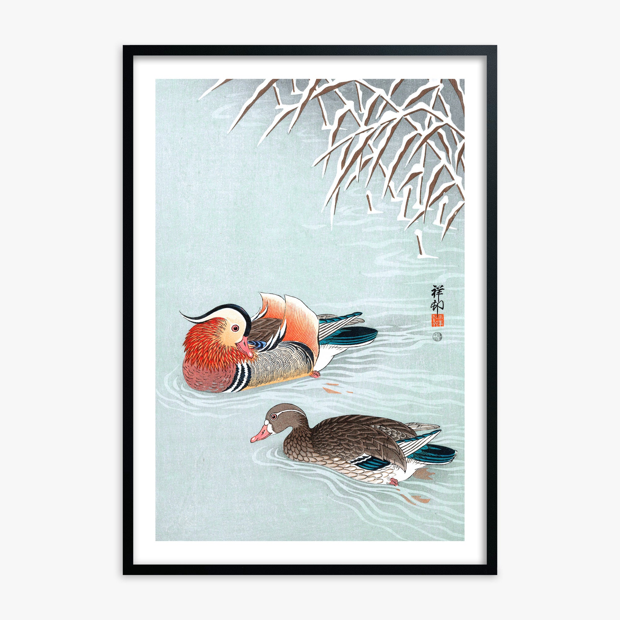 Ohara Koson: Mandarin Ducks, 70x100cm Black Framed Art Reproduction