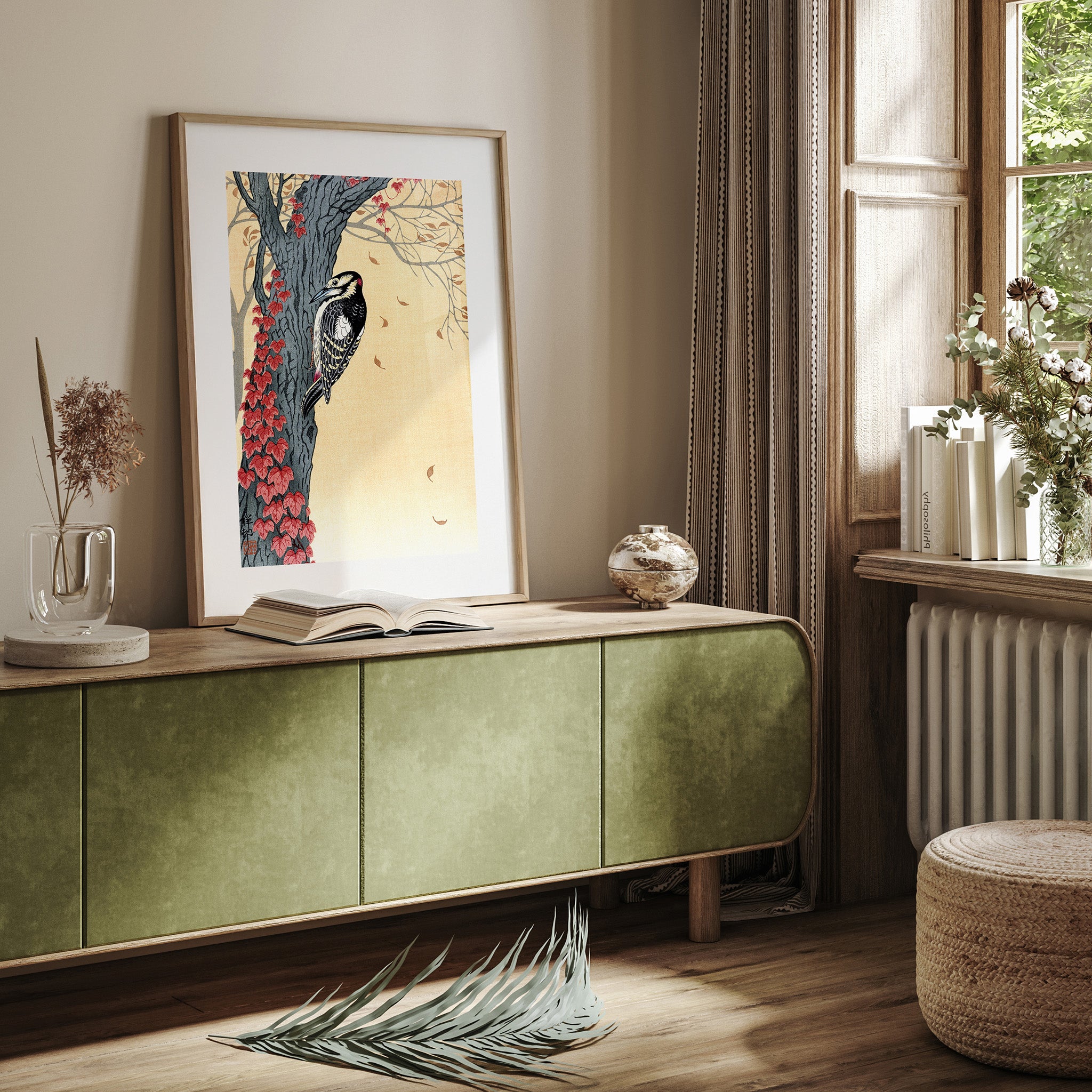 Design Concept No. 23 for Ohara Koson: Great Spotted Woodpecker in Tree with Red Ivy Japanese Wall Art