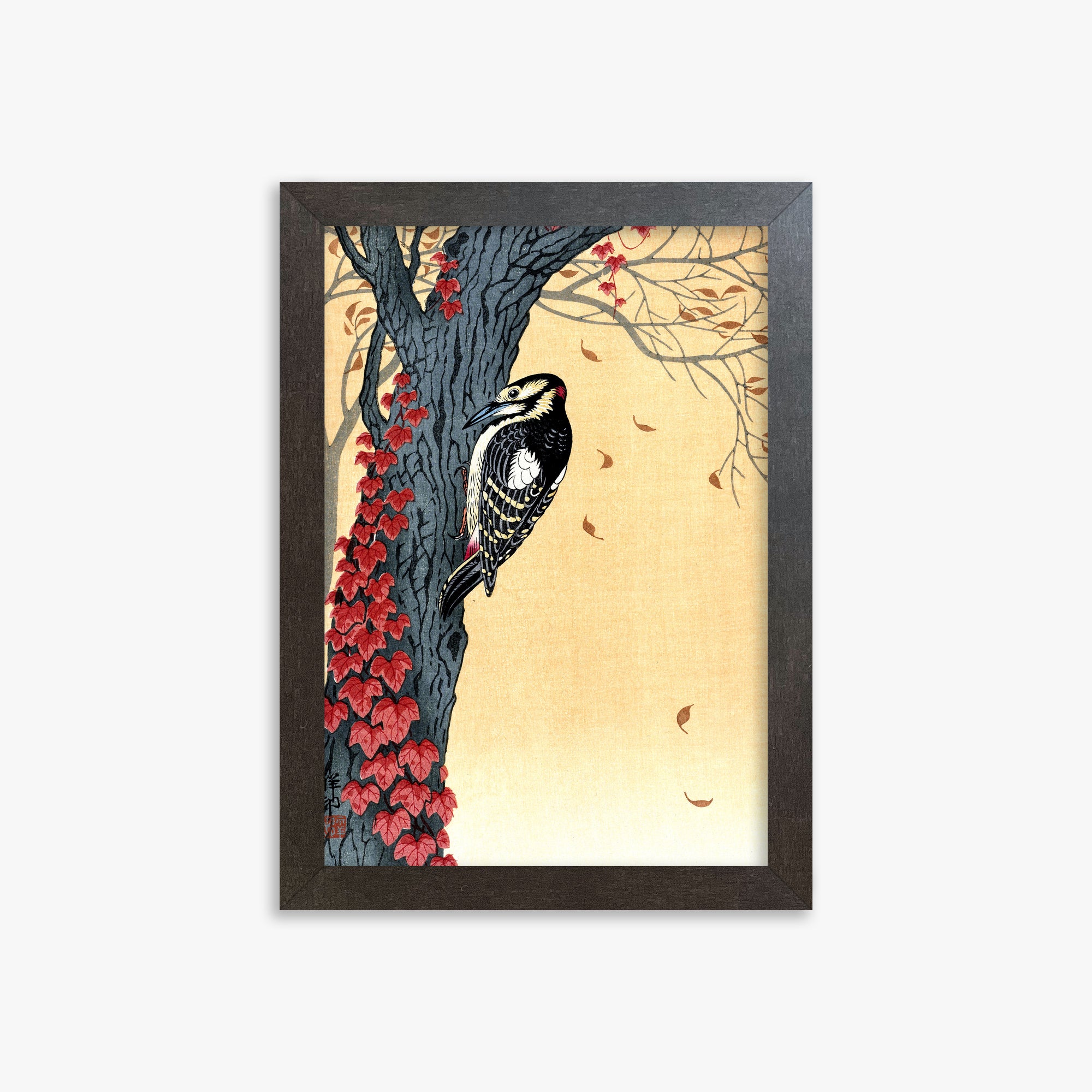 Ohara Koson: Great Spotted Woodpecker in Tree with Red Ivy, 21x30cm Framed Art Reproduction With Espresso Frame