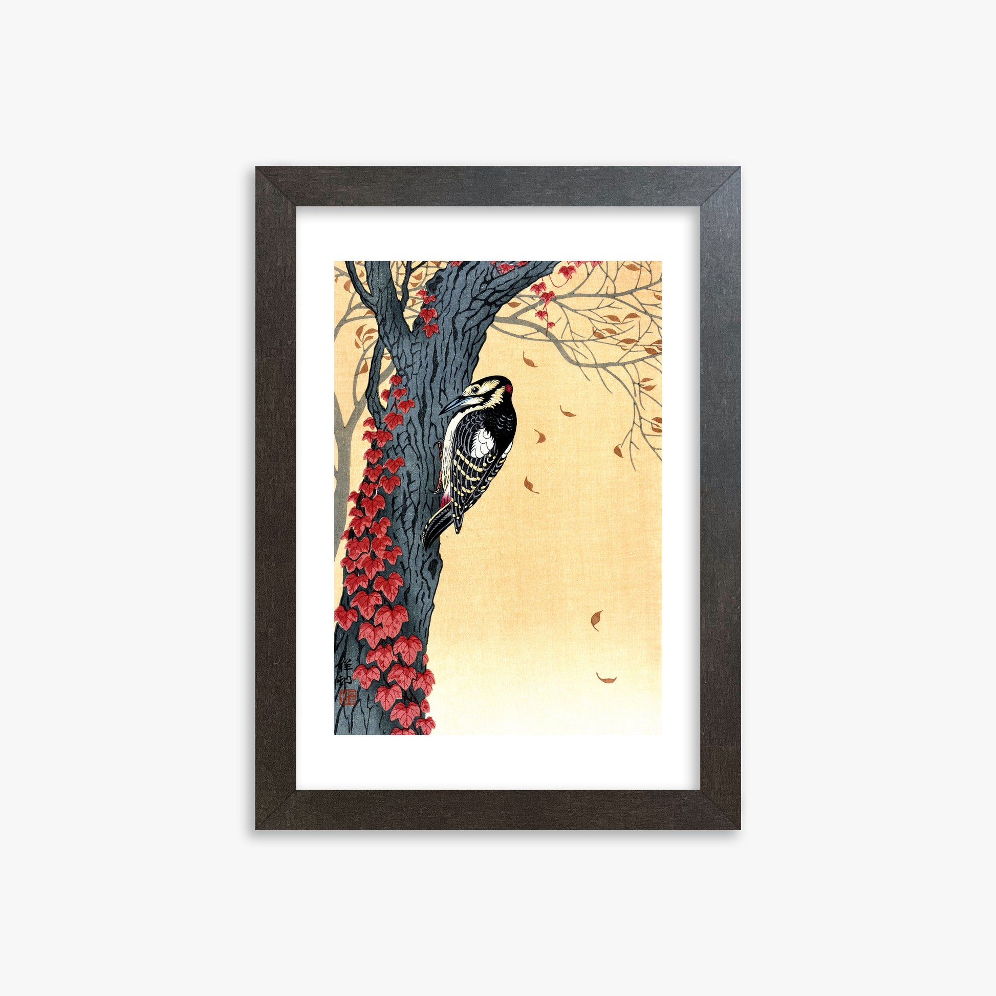 Ohara Koson: Great Spotted Woodpecker in Tree with Red Ivy, 21x30cm Framed Art Reproduction With Espresso Frame