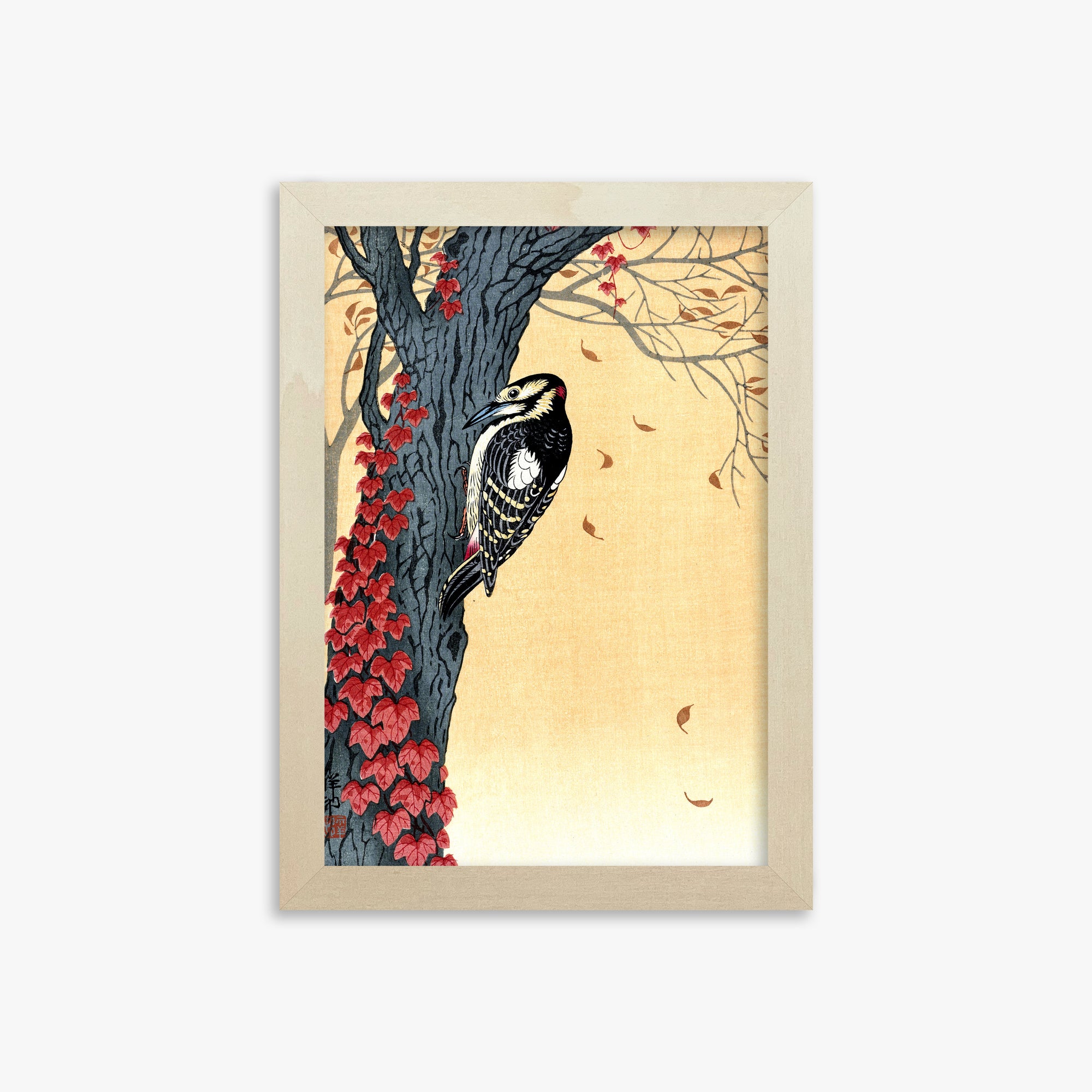 Ohara Koson: Great Spotted Woodpecker in Tree with Red Ivy, 21x30cm Framed Art Reproduction With Lime Wood Frame