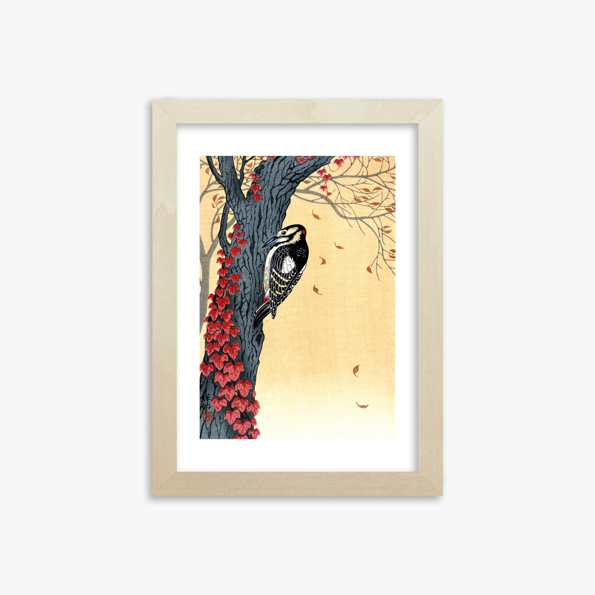 Ohara Koson: Great Spotted Woodpecker in Tree with Red Ivy, 21x30cm Framed Art Reproduction With Lime Wood Frame
