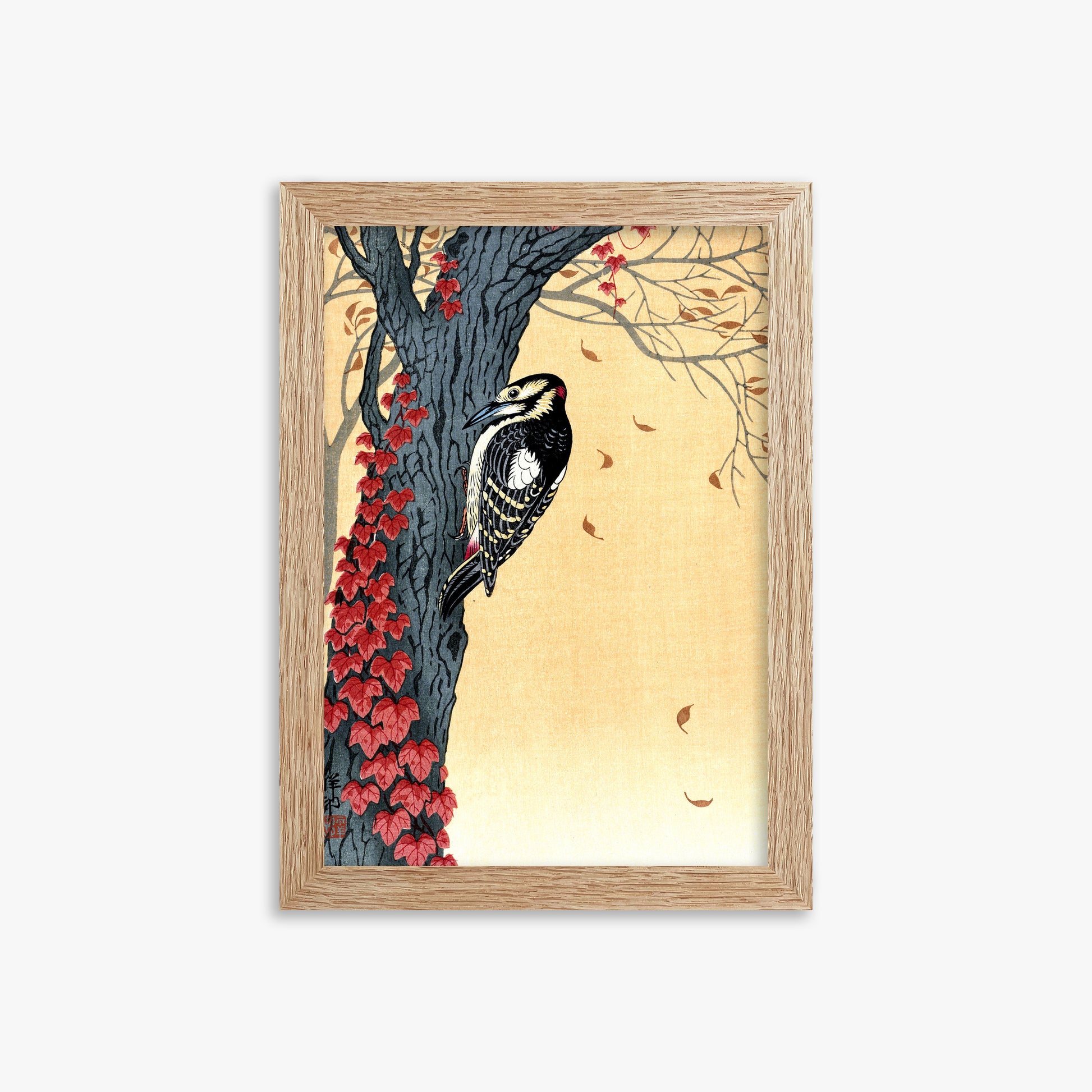 Ohara Koson: Great Spotted Woodpecker in Tree with Red Ivy, 21x30cm Framed Art Reproduction With Raw Oak Frame