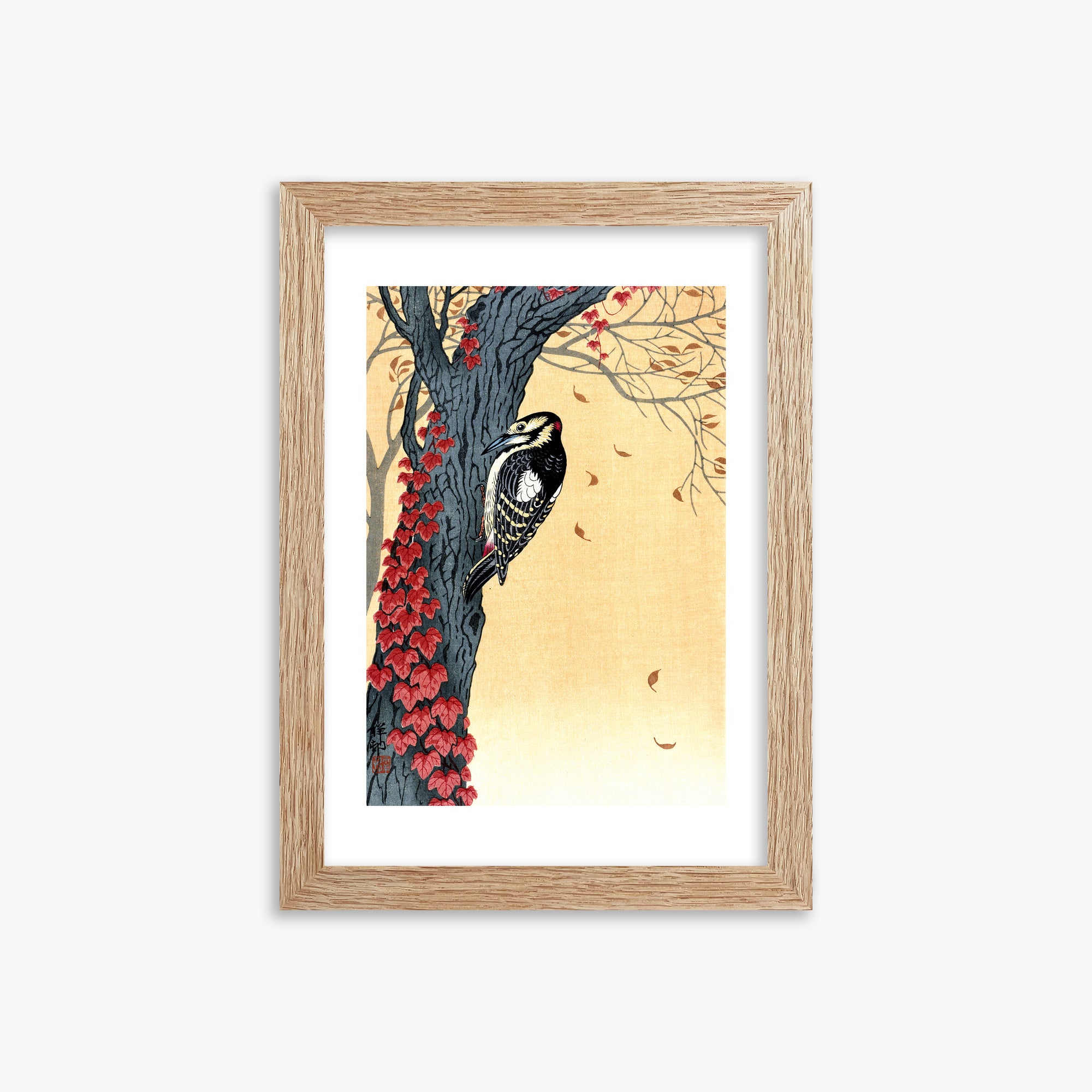 Ohara Koson: Great Spotted Woodpecker in Tree with Red Ivy, 21x30cm Framed Art Reproduction With Raw Oak Frame