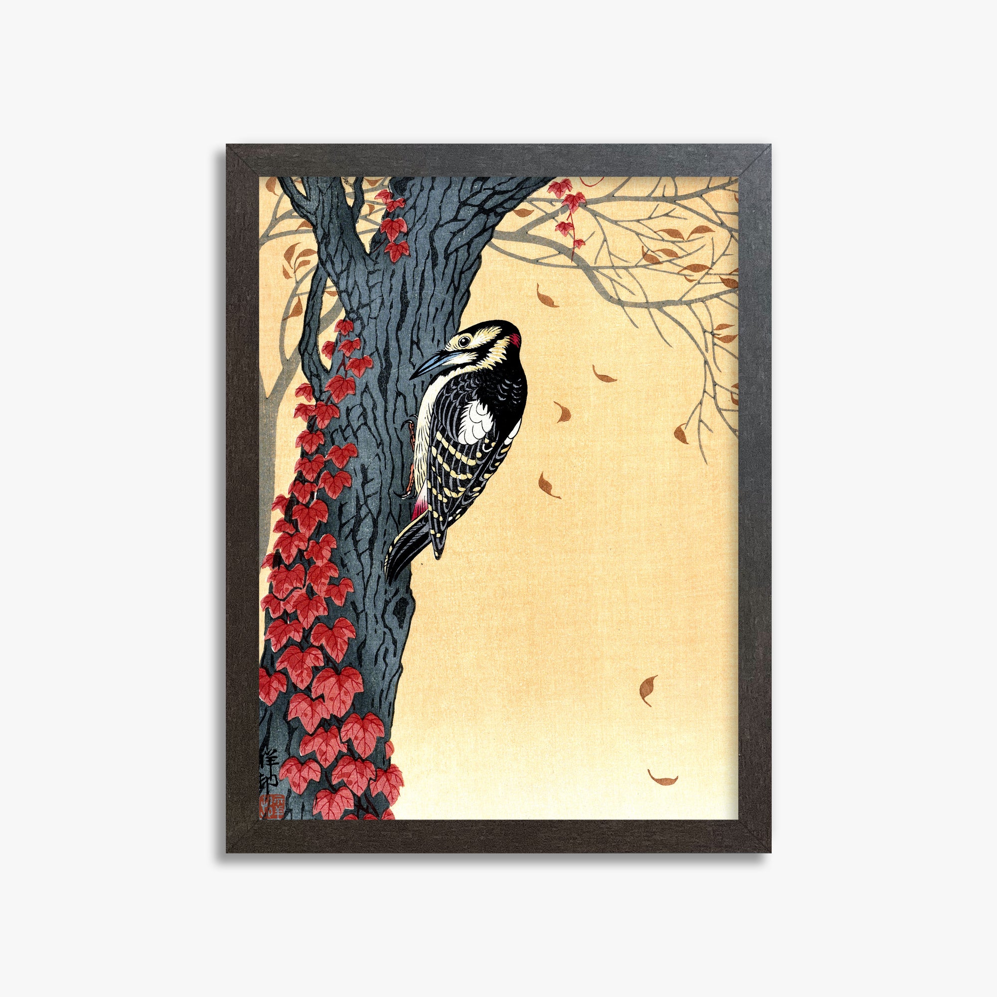 Ohara Koson: Great Spotted Woodpecker in Tree with Red Ivy, 30x40cm Framed Art Reproduction With Espresso Frame