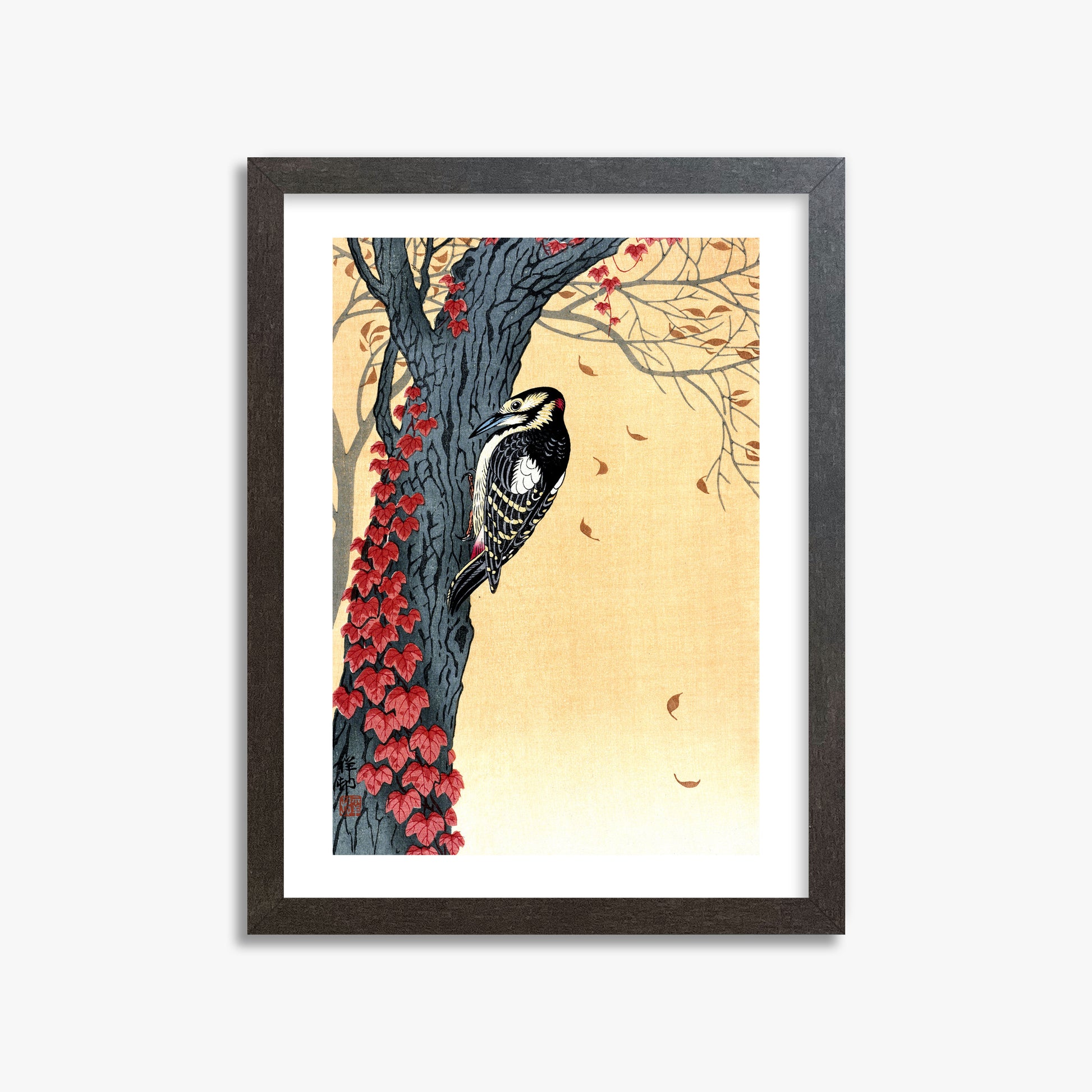 Ohara Koson: Great Spotted Woodpecker in Tree with Red Ivy, 30x40cm Framed Art Reproduction With Espresso Frame
