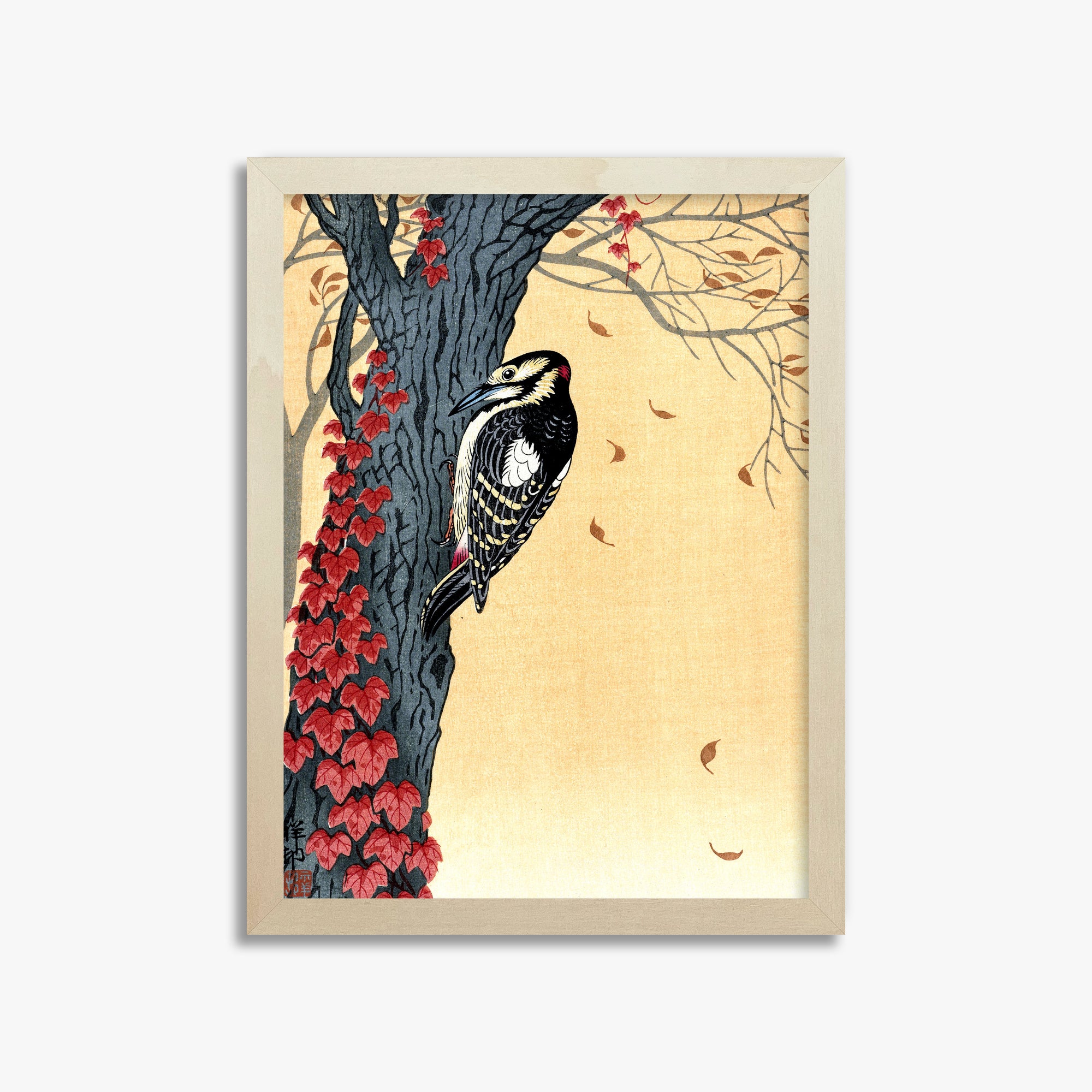 Ohara Koson: Great Spotted Woodpecker in Tree with Red Ivy, 30x40cm Framed Art Reproduction With Lime Wood Frame