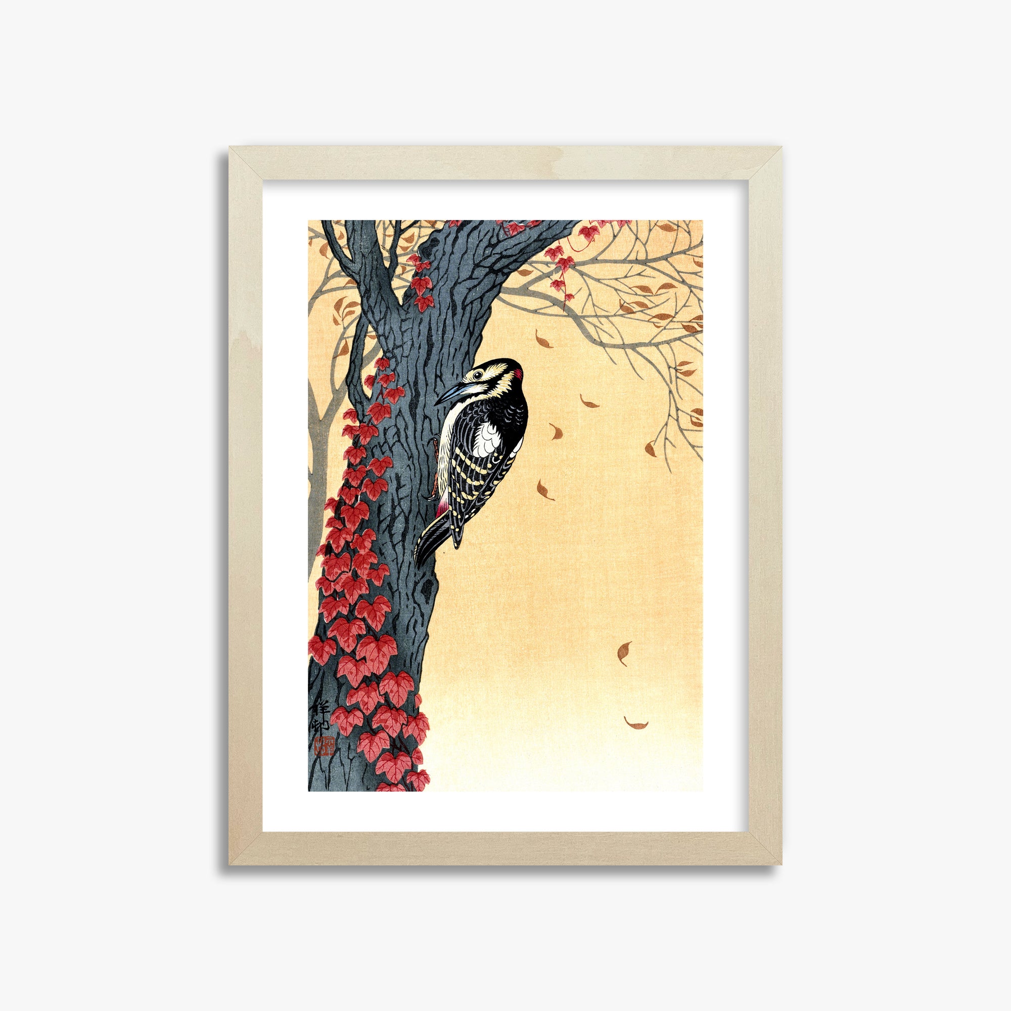Ohara Koson: Great Spotted Woodpecker in Tree with Red Ivy, 30x40cm Framed Art Reproduction With Lime Wood Frame