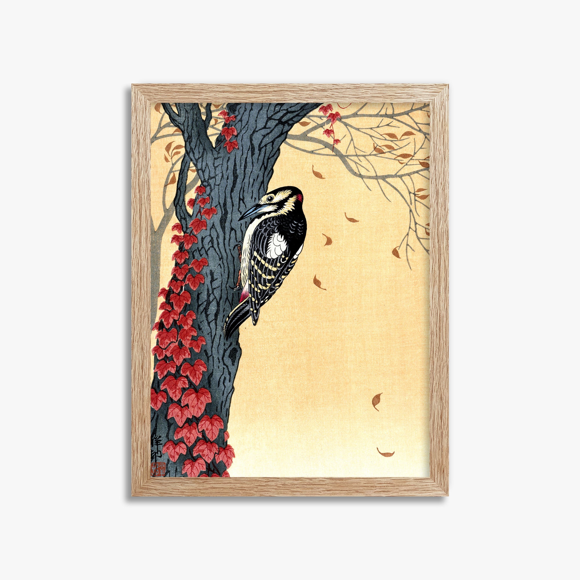 Ohara Koson: Great Spotted Woodpecker in Tree with Red Ivy, 30x40cm Framed Art Reproduction With Raw Oak Frame