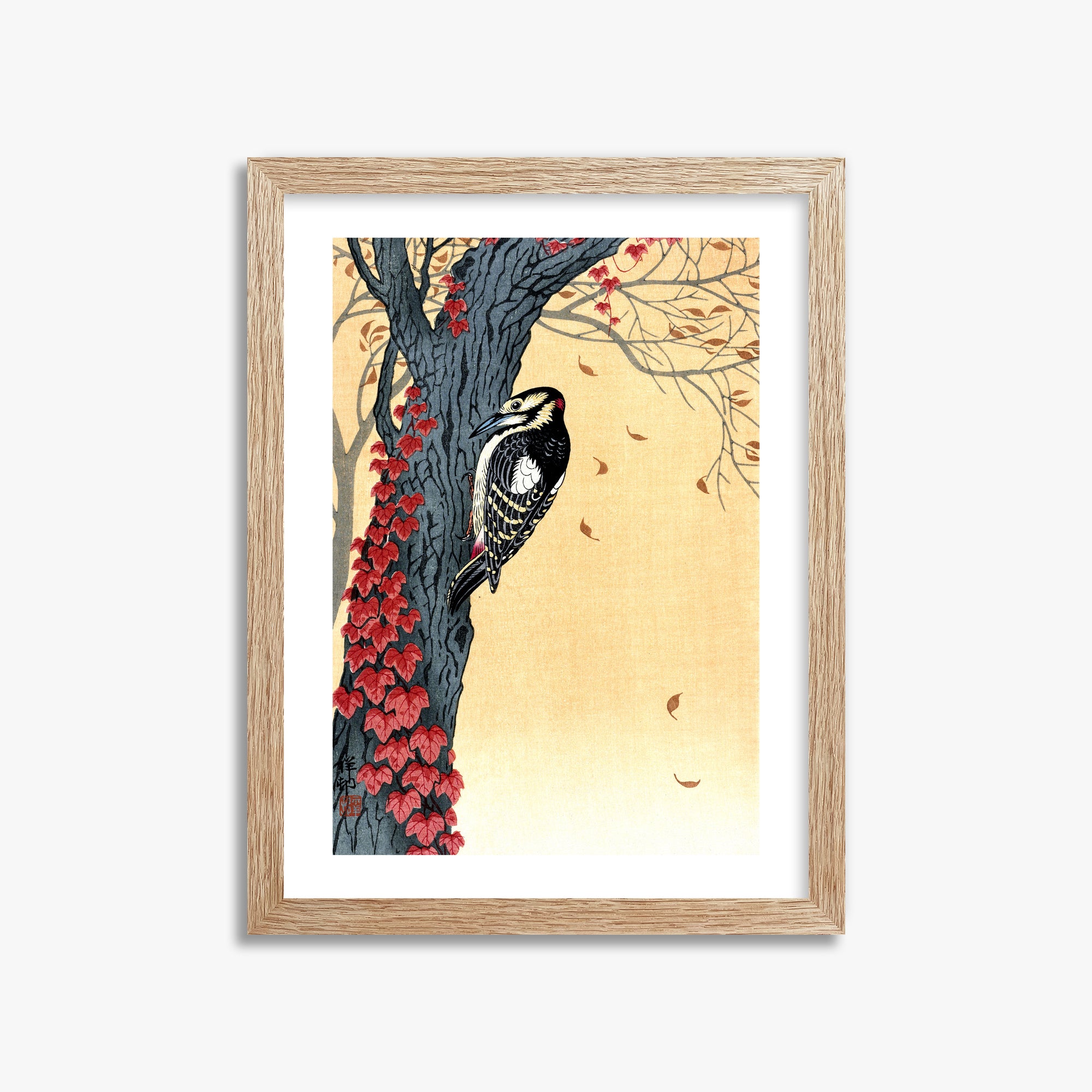 Ohara Koson: Great Spotted Woodpecker in Tree with Red Ivy, 30x40cm Framed Art Reproduction With Raw Oak Frame