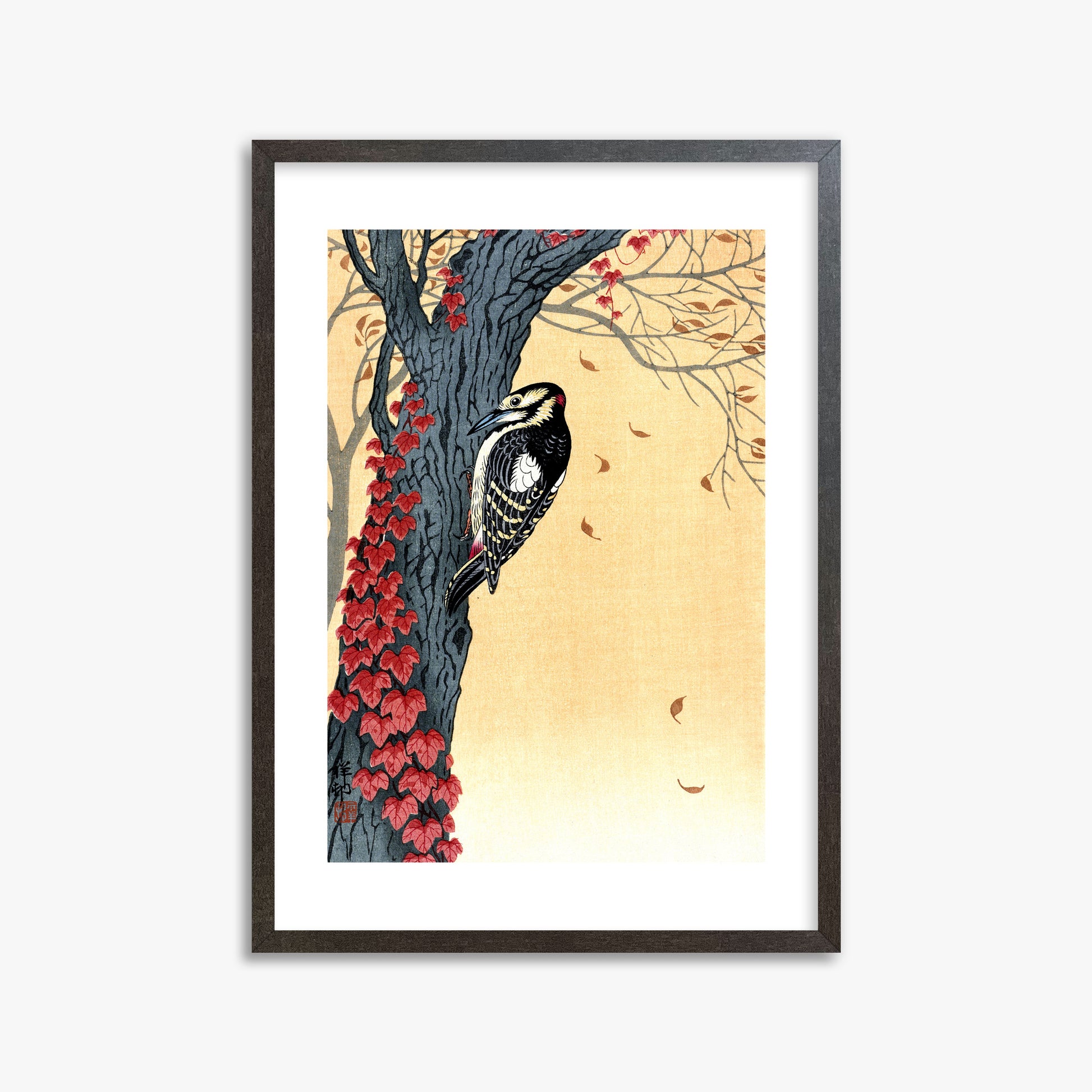 Ohara Koson: Great Spotted Woodpecker in Tree with Red Ivy, 50x70cm Framed Art Reproduction With Espresso Frame