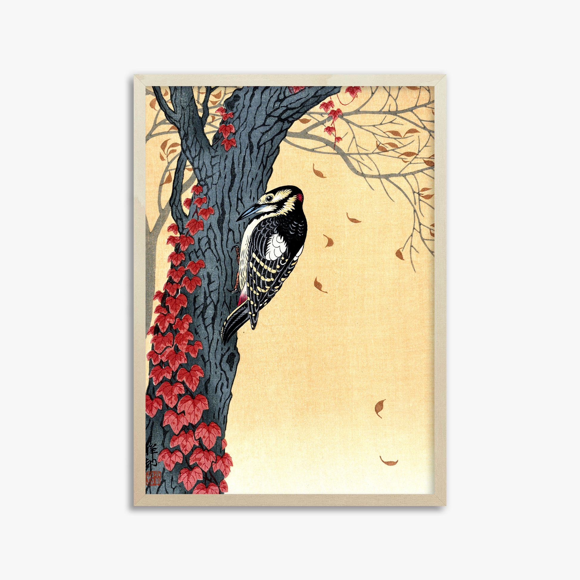 Ohara Koson: Great Spotted Woodpecker in Tree with Red Ivy, 50x70cm Framed Art Reproduction With Lime Wood Frame