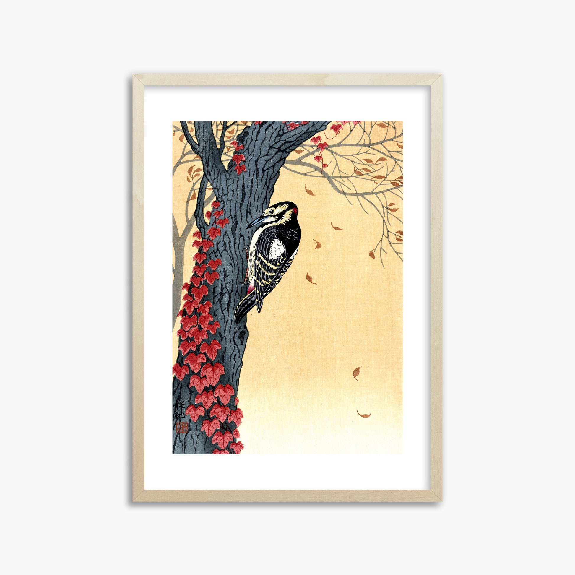 Ohara Koson: Great Spotted Woodpecker in Tree with Red Ivy, 50x70cm Framed Art Reproduction With Lime Wood Frame