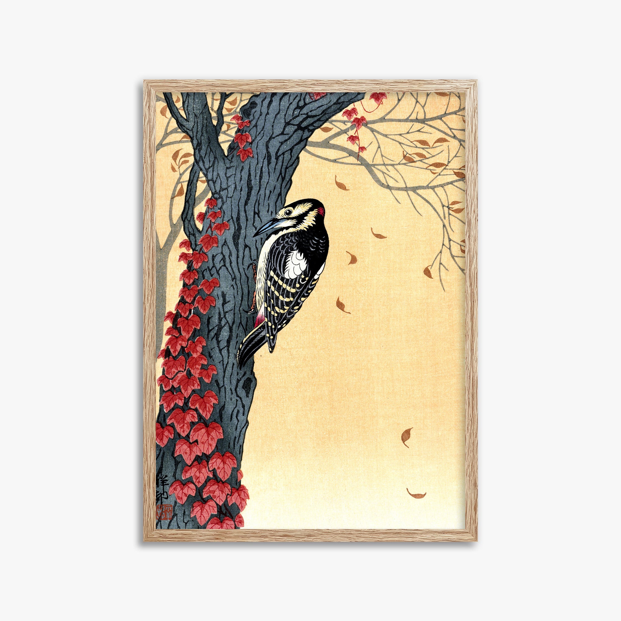 Ohara Koson: Great Spotted Woodpecker in Tree with Red Ivy, 50x70cm Framed Art Reproduction With Raw Oak Frame