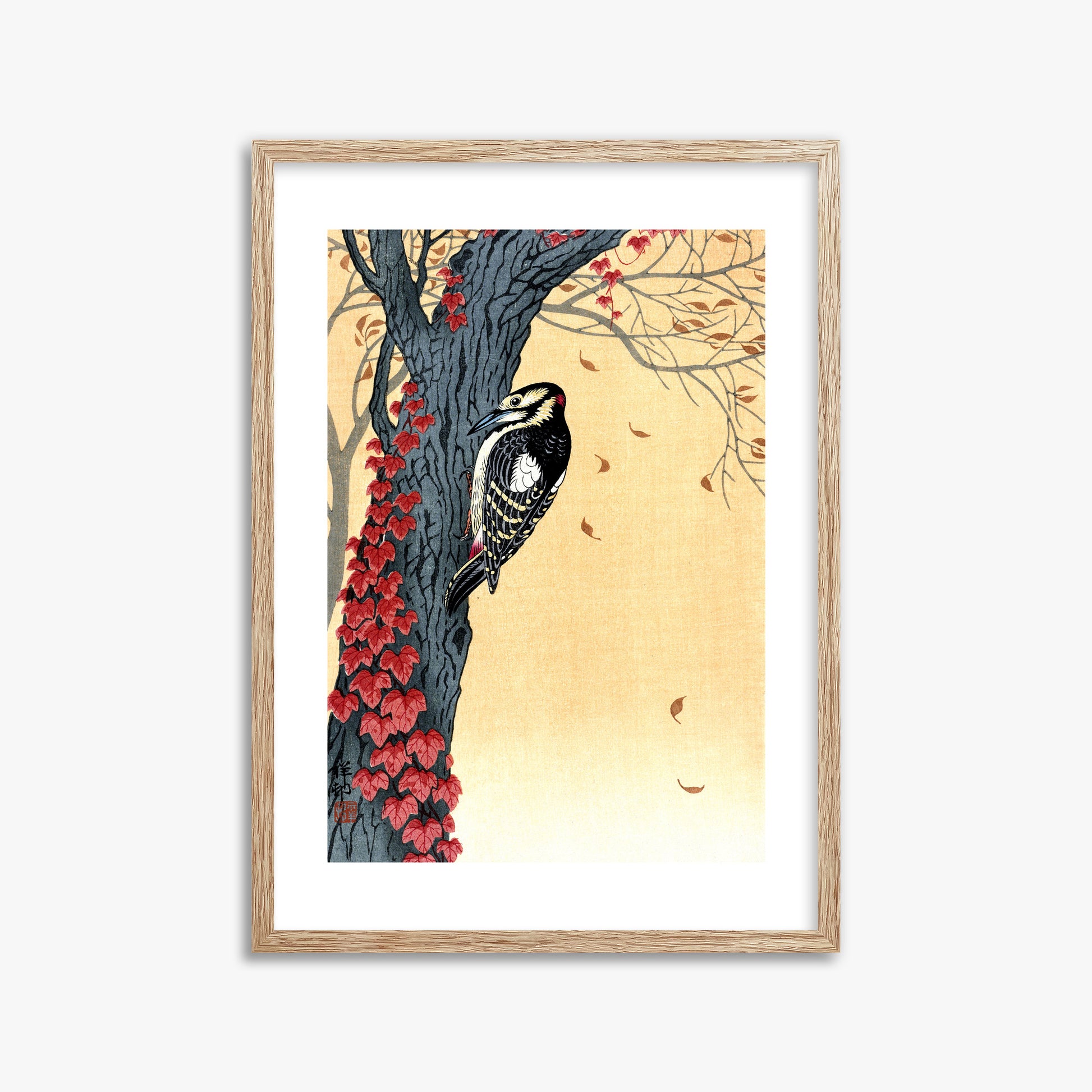Ohara Koson: Great Spotted Woodpecker in Tree with Red Ivy, 50x70cm Framed Art Reproduction With Raw Oak Frame
