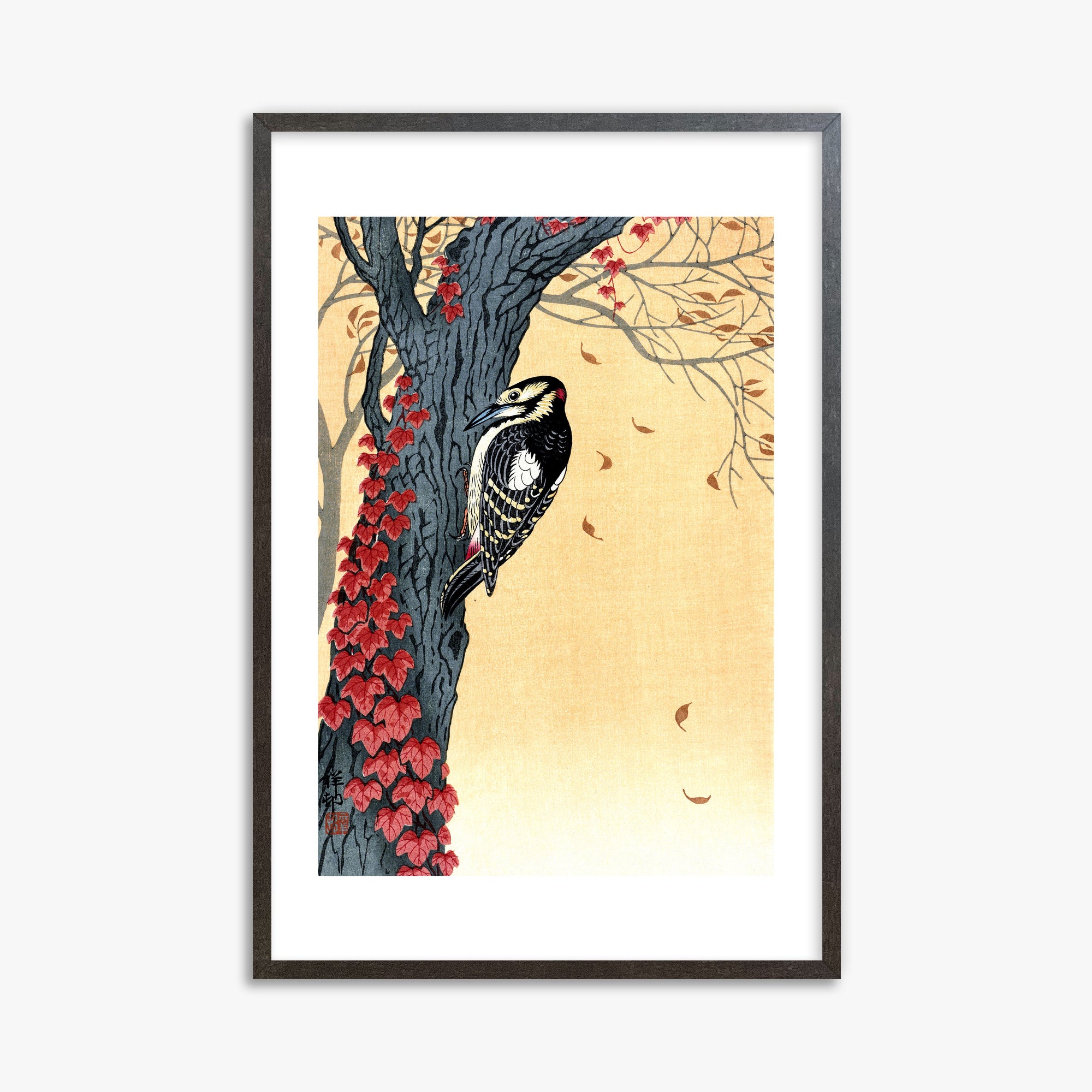 Ohara Koson: Great Spotted Woodpecker in Tree with Red Ivy, 61x91cm Framed Art Reproduction With Espresso Frame